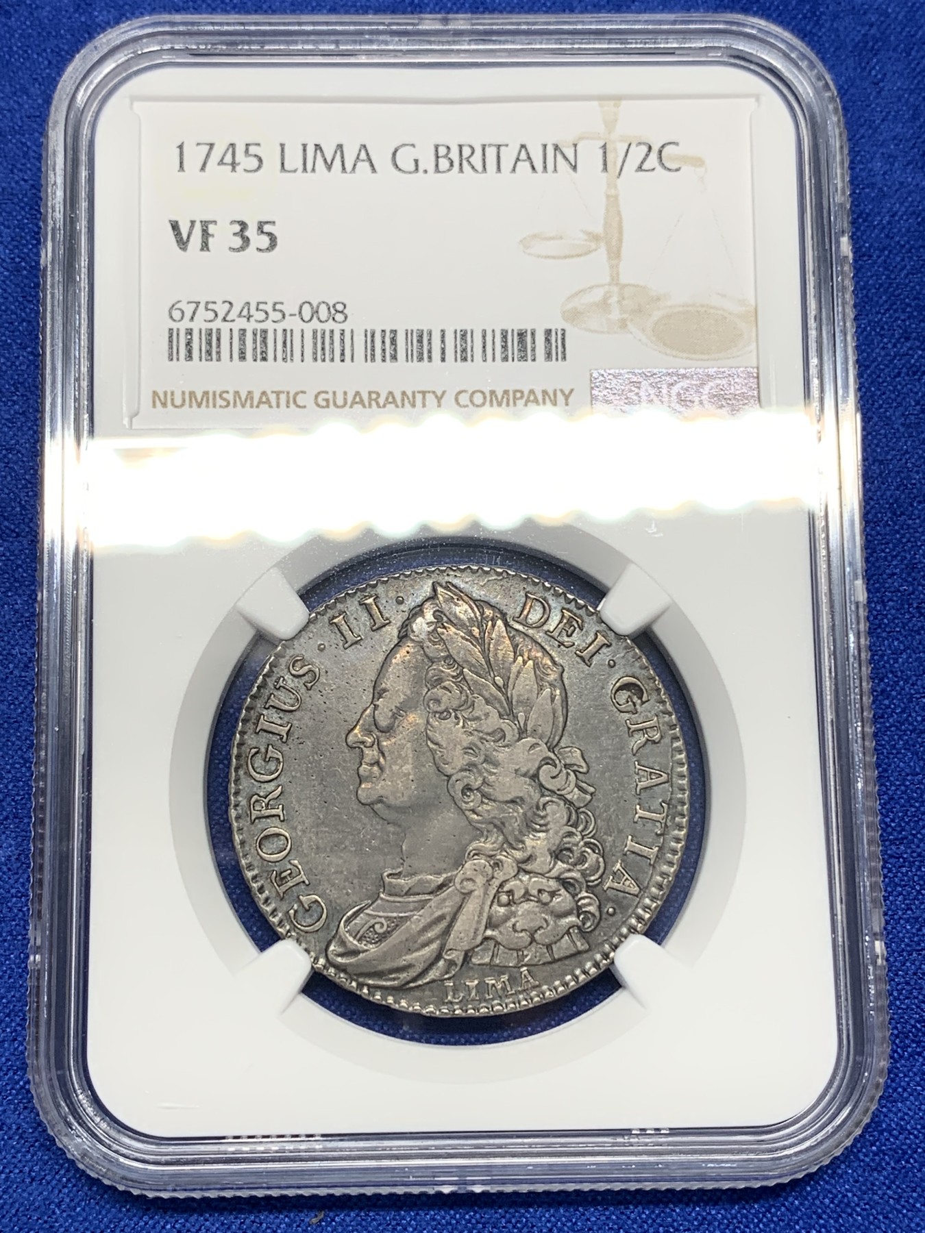 《竞宝斋》第196场-周日，周一 2场 (全场包邮) NGC-VF35 英国1745年乔治二世半克朗银币 LIMA版 原味黑包浆