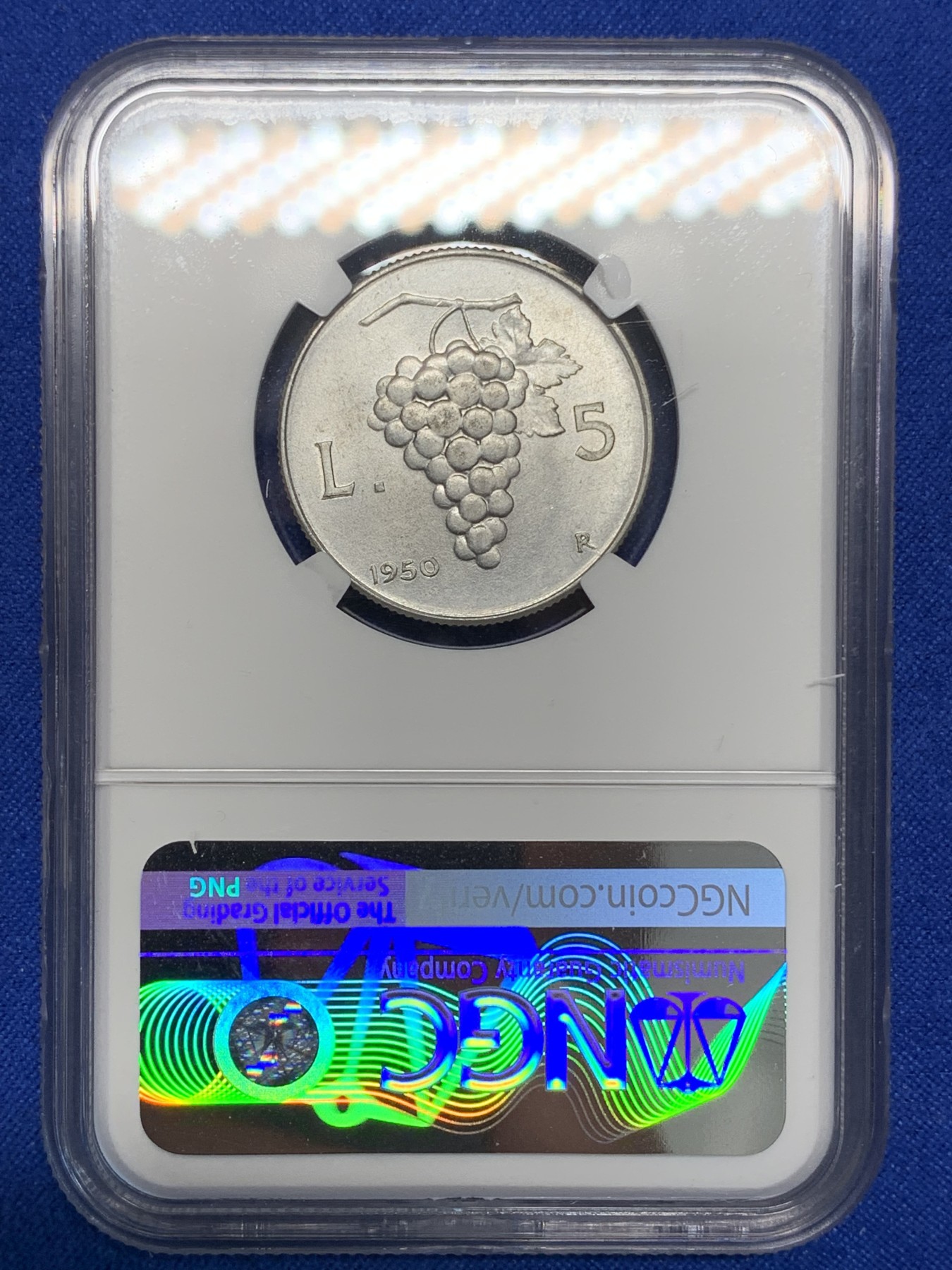 《竞宝斋》第196场-周日，周一 2场 (全场包邮) NGC MS63 意大利1950年5里拉 强光好品