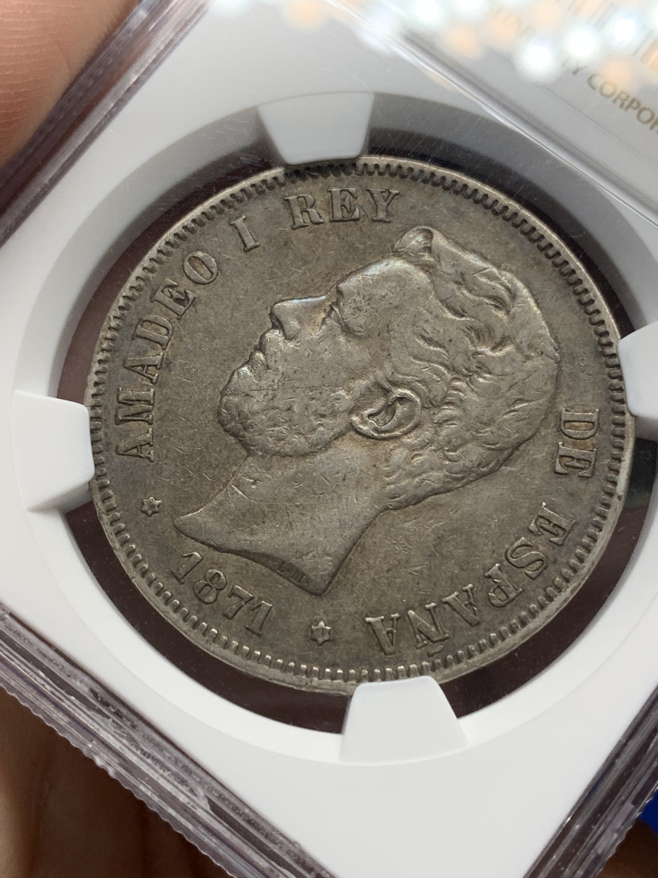 《竞宝斋》第196场-周日，周一 2场 (全场包邮) NGC-XF45 西班牙 5比塞塔银币 阿玛迪奥1世 1871（75）DEM 罕见版别 更高分仅4枚