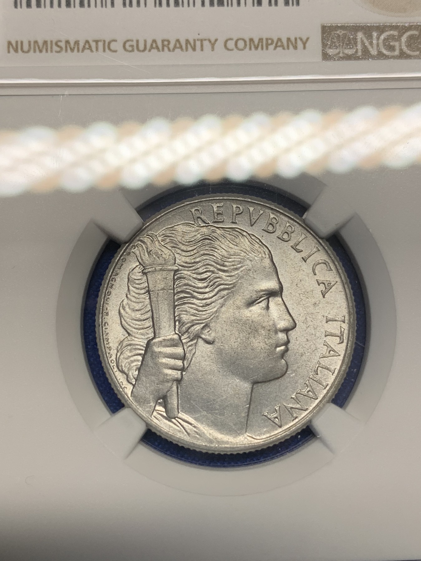 《竞宝斋》第196场-周日，周一 2场 (全场包邮) NGC MS63 意大利1950年5里拉 强光好品