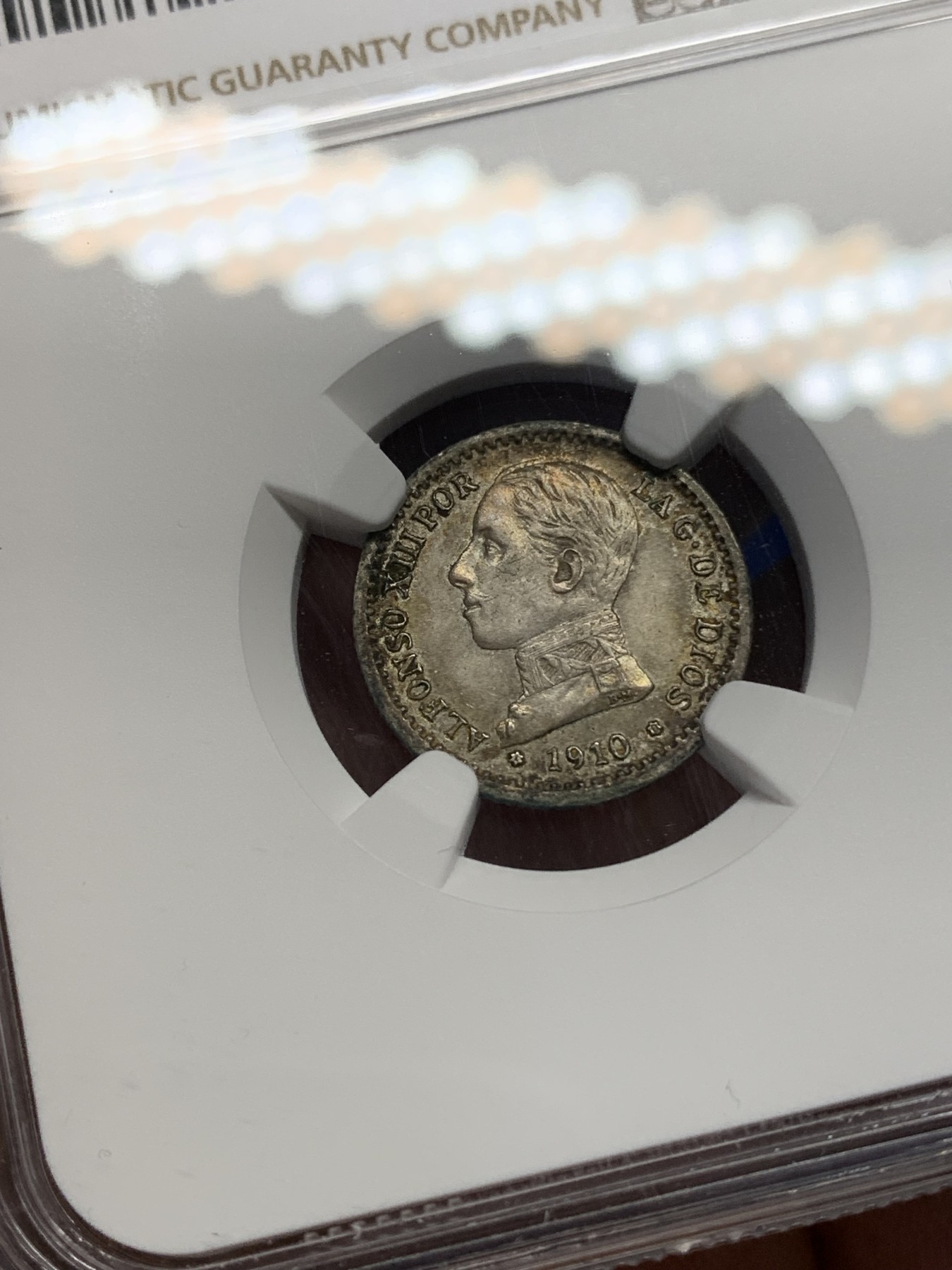 《竞宝斋》第196场-周日，周一 2场 (全场包邮) NGC-AU50 西班牙1910年 阿方索十三世戎装版 50分小双柱银币 较少版式