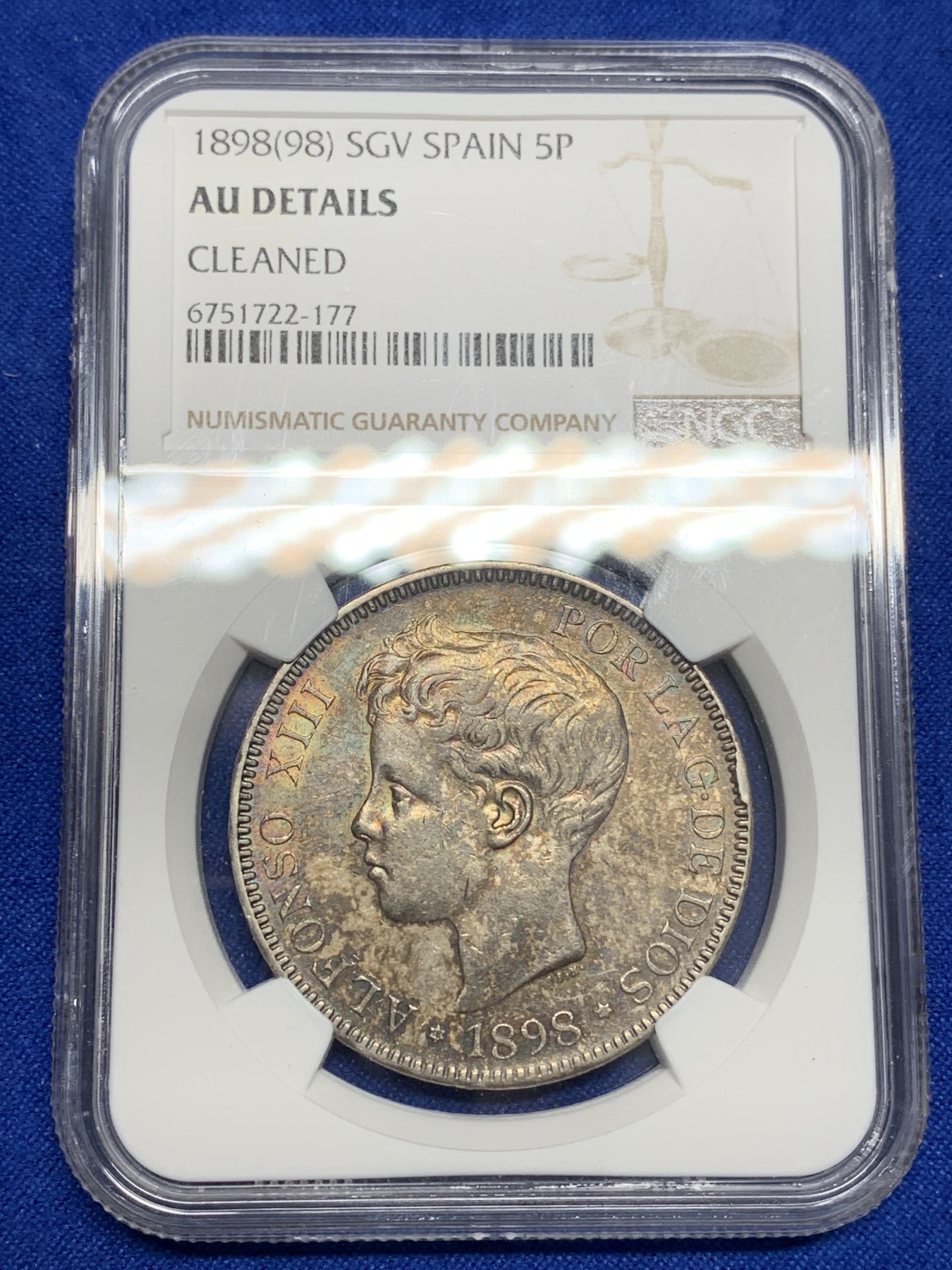 《竞宝斋》第196场-周日，周一 2场 (全场包邮) NGC AUD 1898年西班牙阿方索十二世小孩头5比塞塔银币