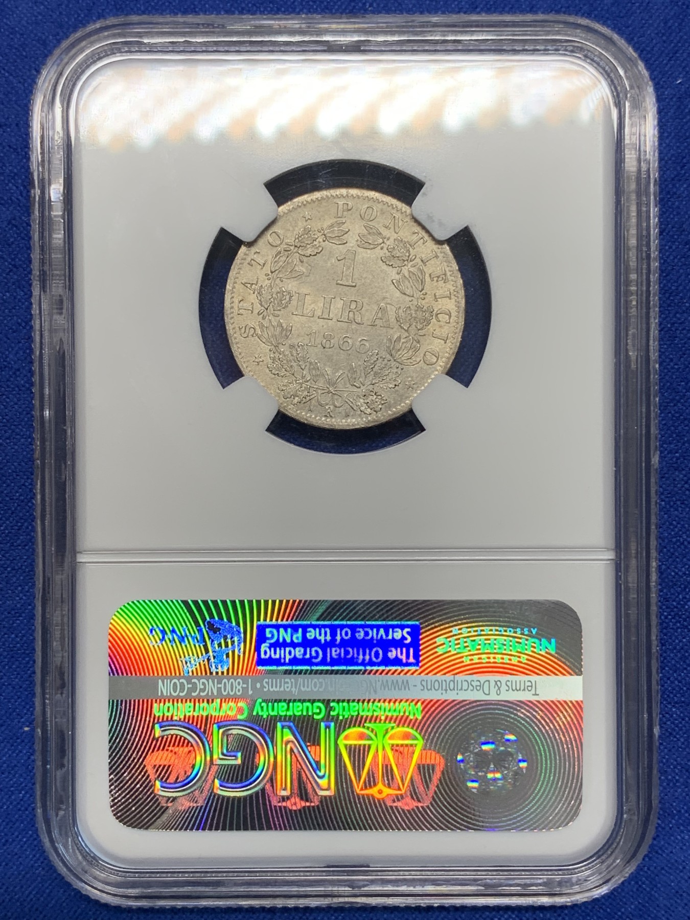 《竞宝斋》第196场-周日，周一 2场 (全场包邮) NGC-MS64 教皇国1866年庇护九世银里拉，同版首年份。最后一位兼任世俗君主的教皇，4年后罗马即被意大利攻陷。银光靓丽，64收藏级分数。