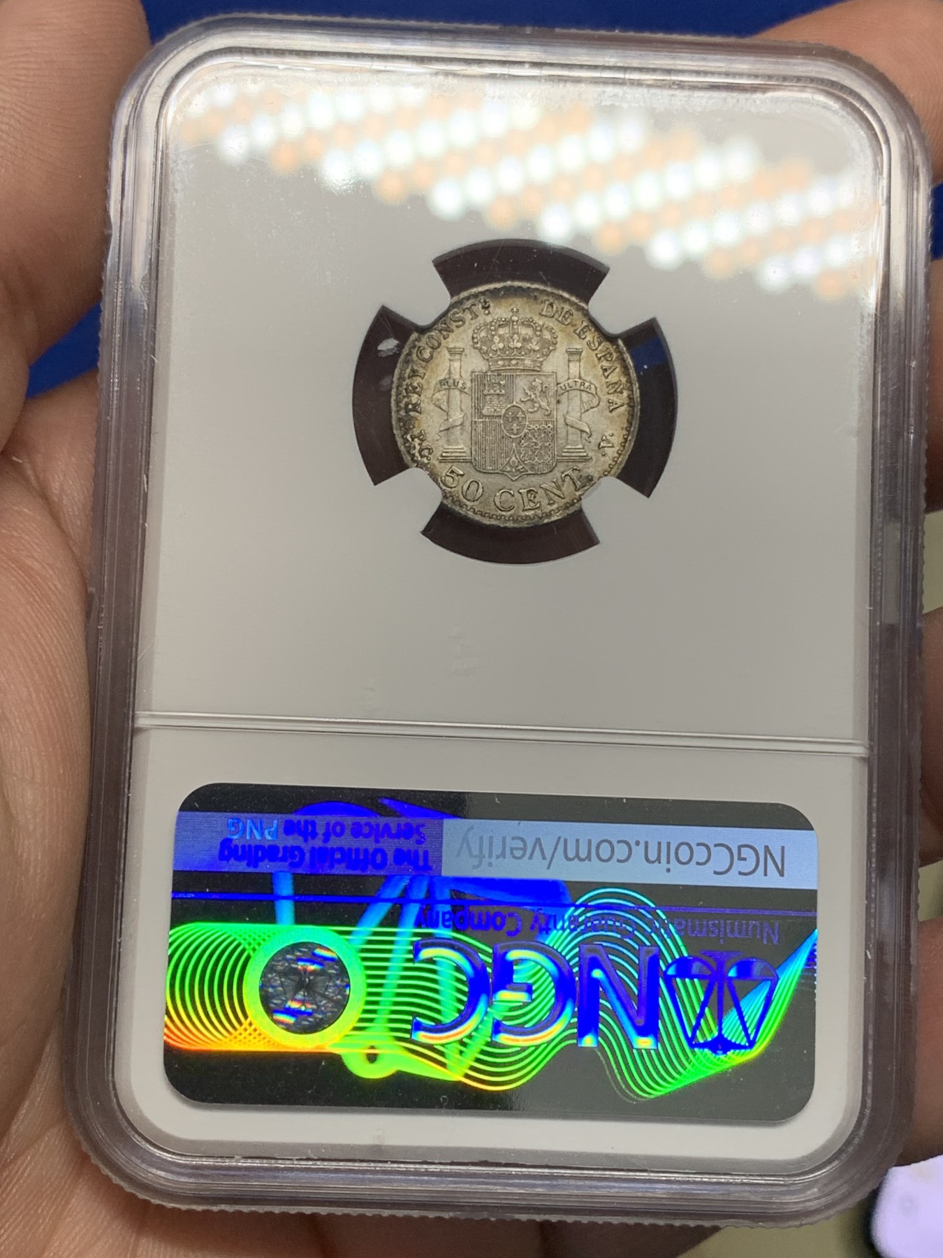 《竞宝斋》第196场-周日，周一 2场 (全场包邮) NGC-AU50 西班牙1910年 阿方索十三世戎装版 50分小双柱银币 较少版式