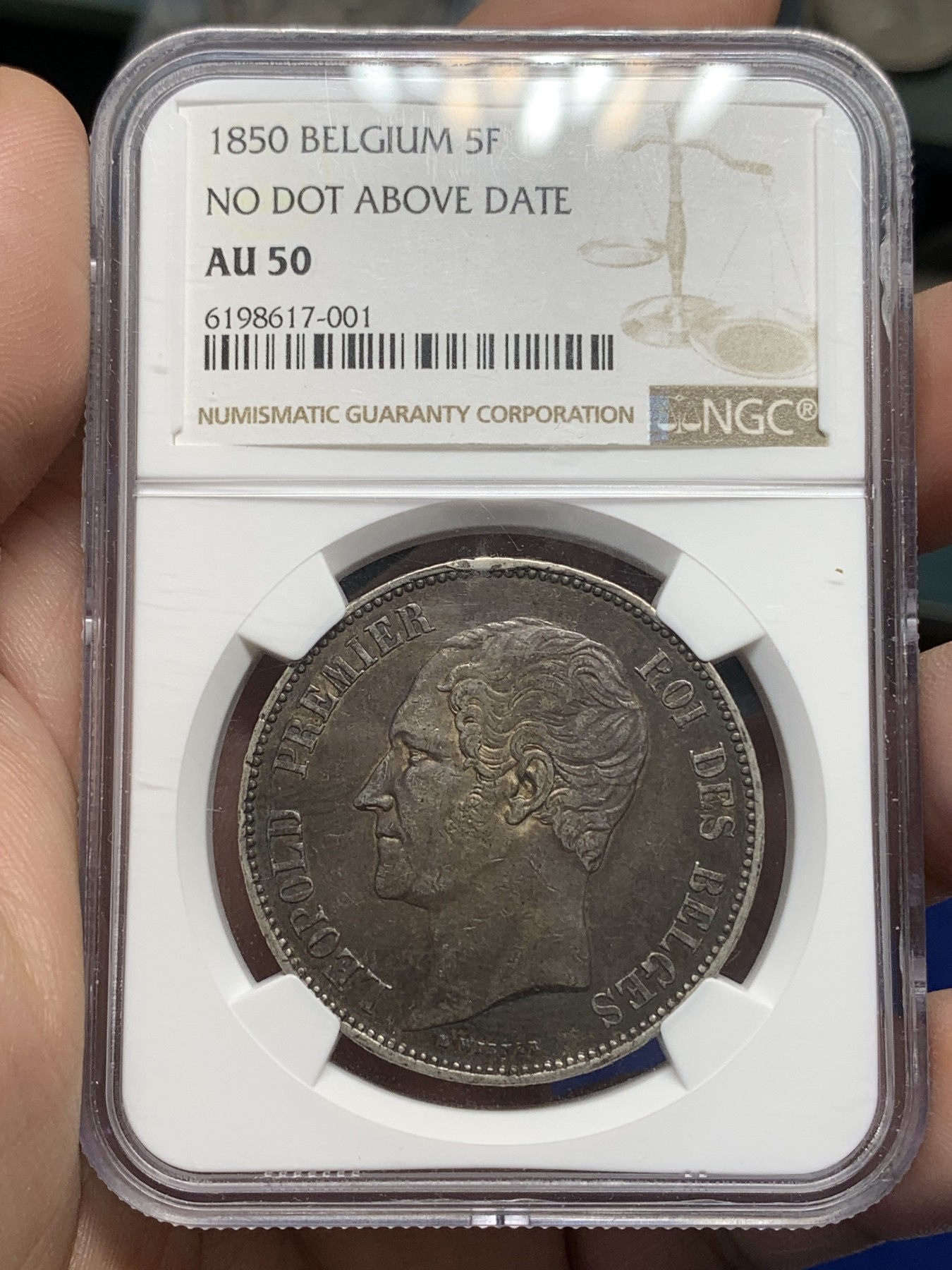 《竞宝斋》第196场-周日，周一 2场 (全场包邮) NGC-AU 50 比利时 5法郎银币 利奥波德一世 1850 无点版 稀少版别 两面酱彩 漂亮