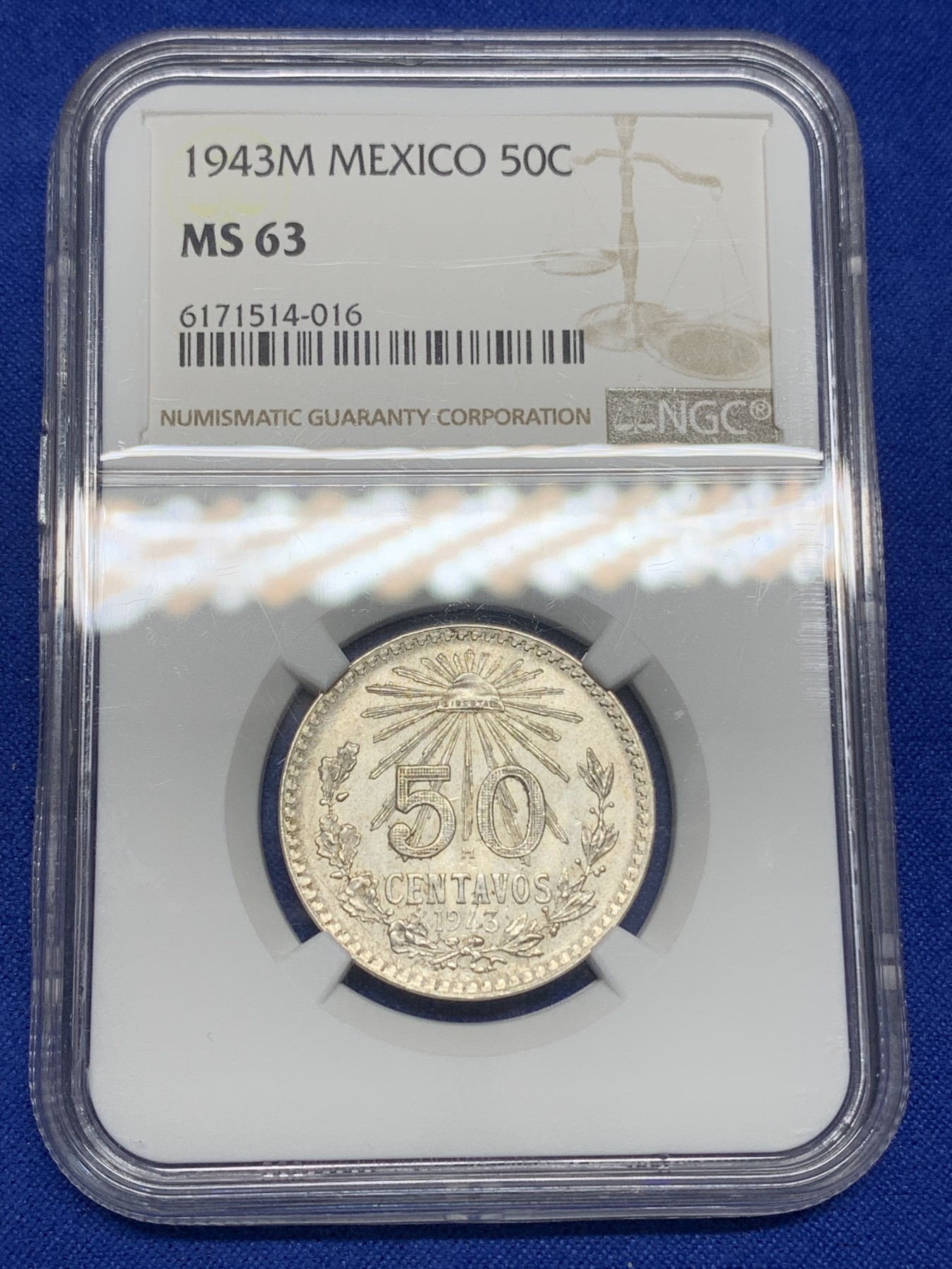 《竞宝斋》第196场-周日，周一 2场 (全场包邮) NGC-MS63 墨西哥 1943年 鹰洋 50分银币