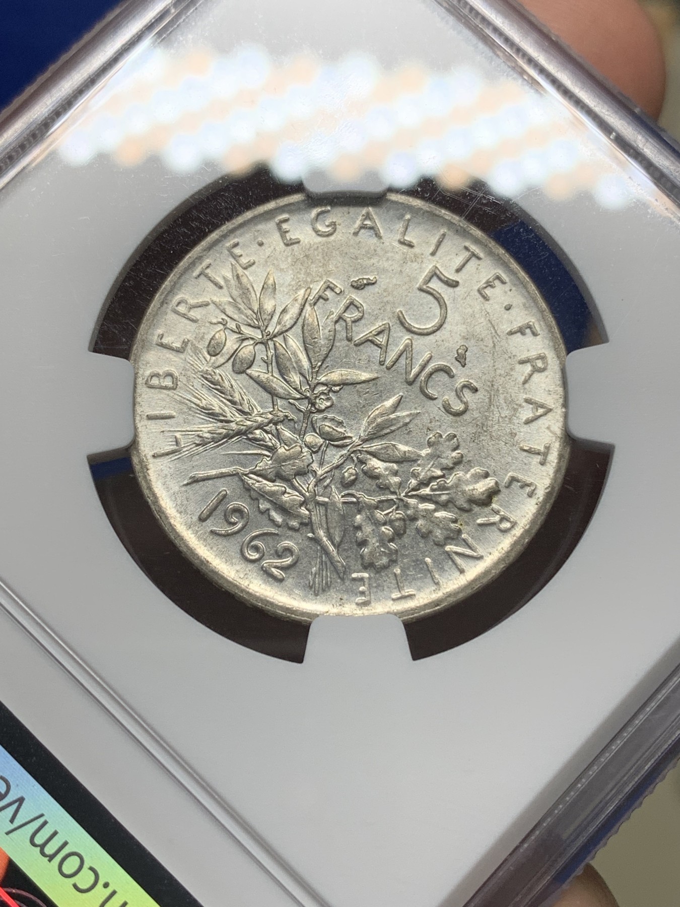 《竞宝斋》第196场-周日，周一 2场 (全场包邮) NGC-MS62 法国 1962年 5法郎 播种女神 银币 品相好 转光