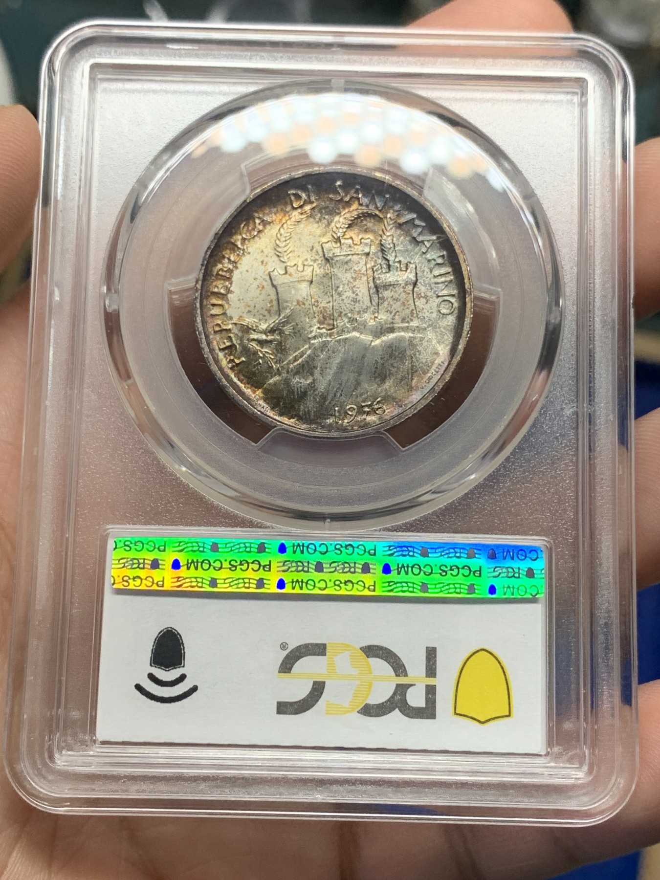 《竞宝斋》第196场-周日，周一 2场 (全场包邮) PCGS-MS66 圣马力诺1976年播种城堡500里拉银币 五彩好品