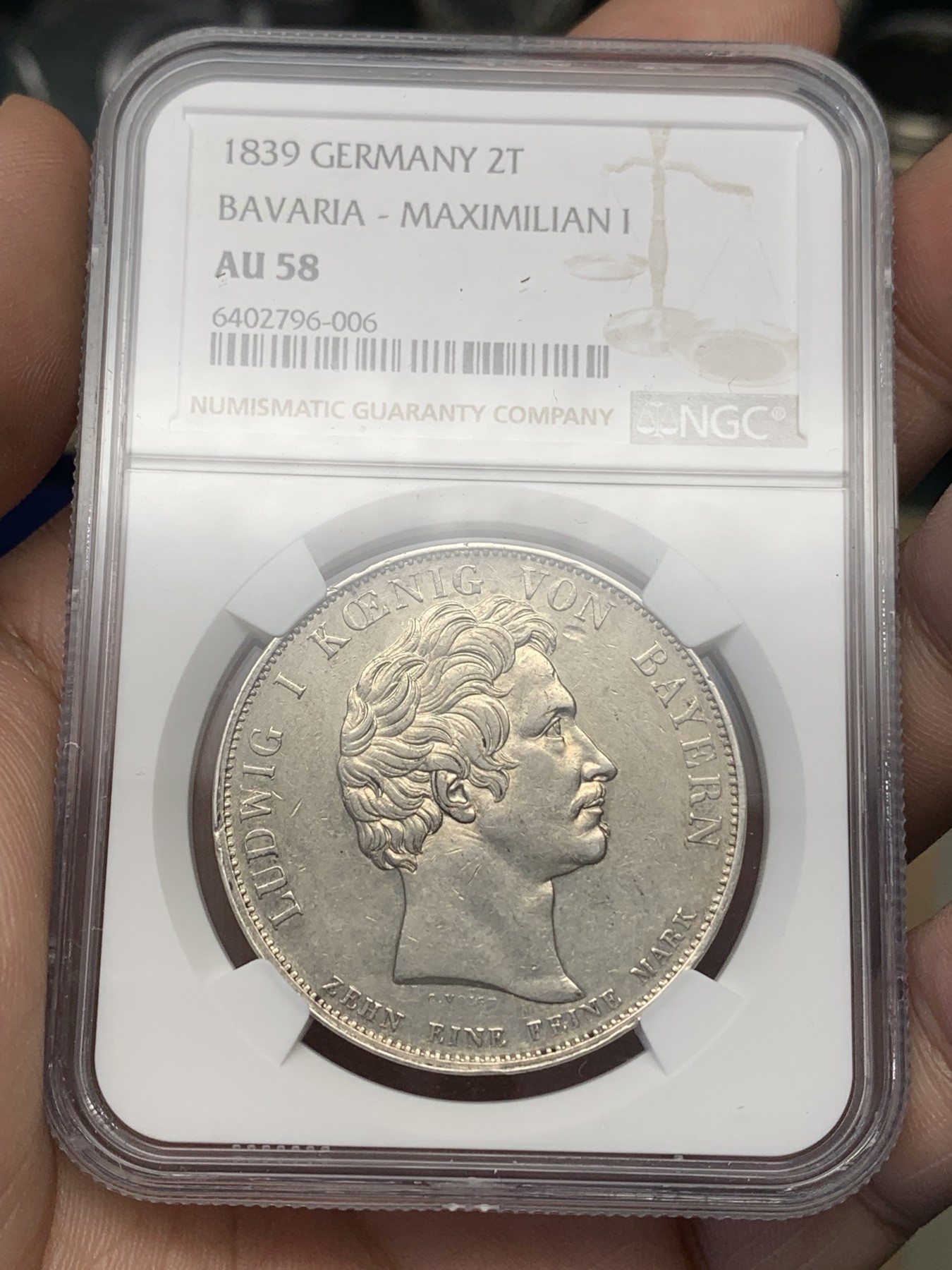 《竞宝斋》第196场-周日，周一 2场 (全场包邮) NGC AU58 德国 1839年 巴伐利亚选帝侯  路德维希一世  2泰勒 大银币 37克的大规格少见品种