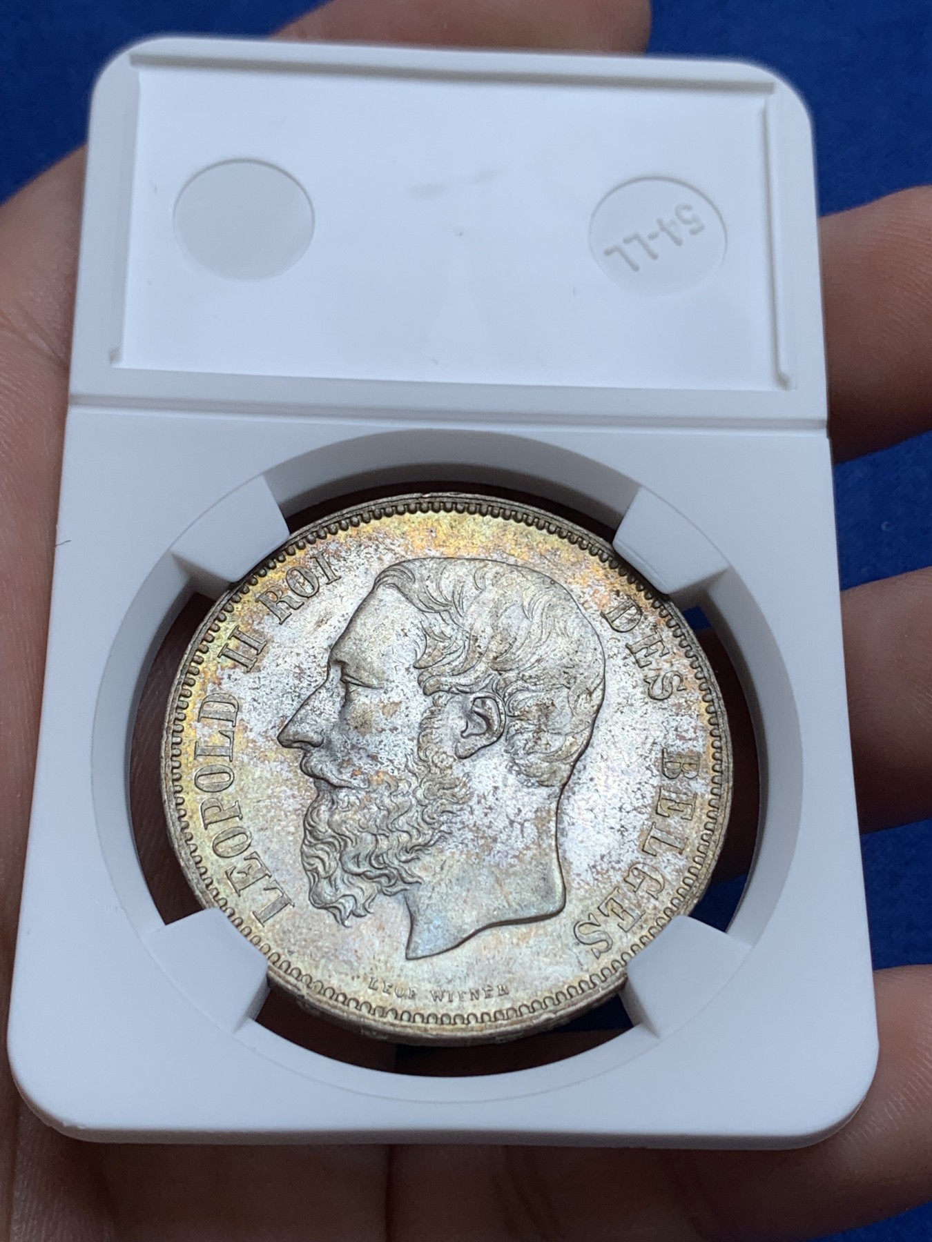 《竞宝斋》第196场-周日，周一 2场 (全场包邮) 比利时 1873年 5法郎 银币 UNC 黄油彩