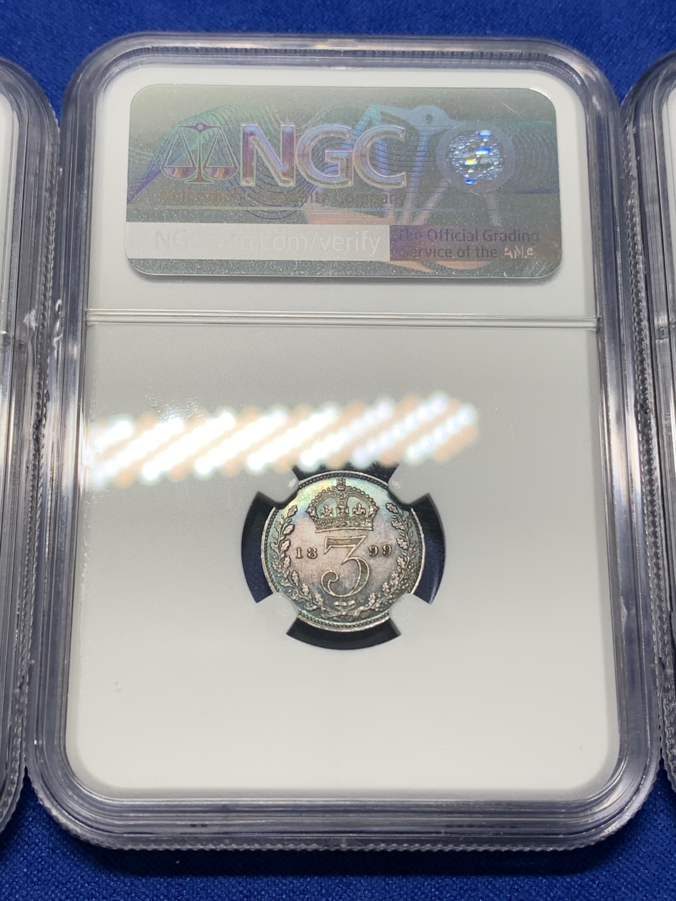 《竞宝斋》第196场-周日，周一 2场 (全场包邮) 4枚一组 NGC 92-66 英国1899年维多利亚濯足币1-4便士套币 原盒套拆 统一蓝紫包浆