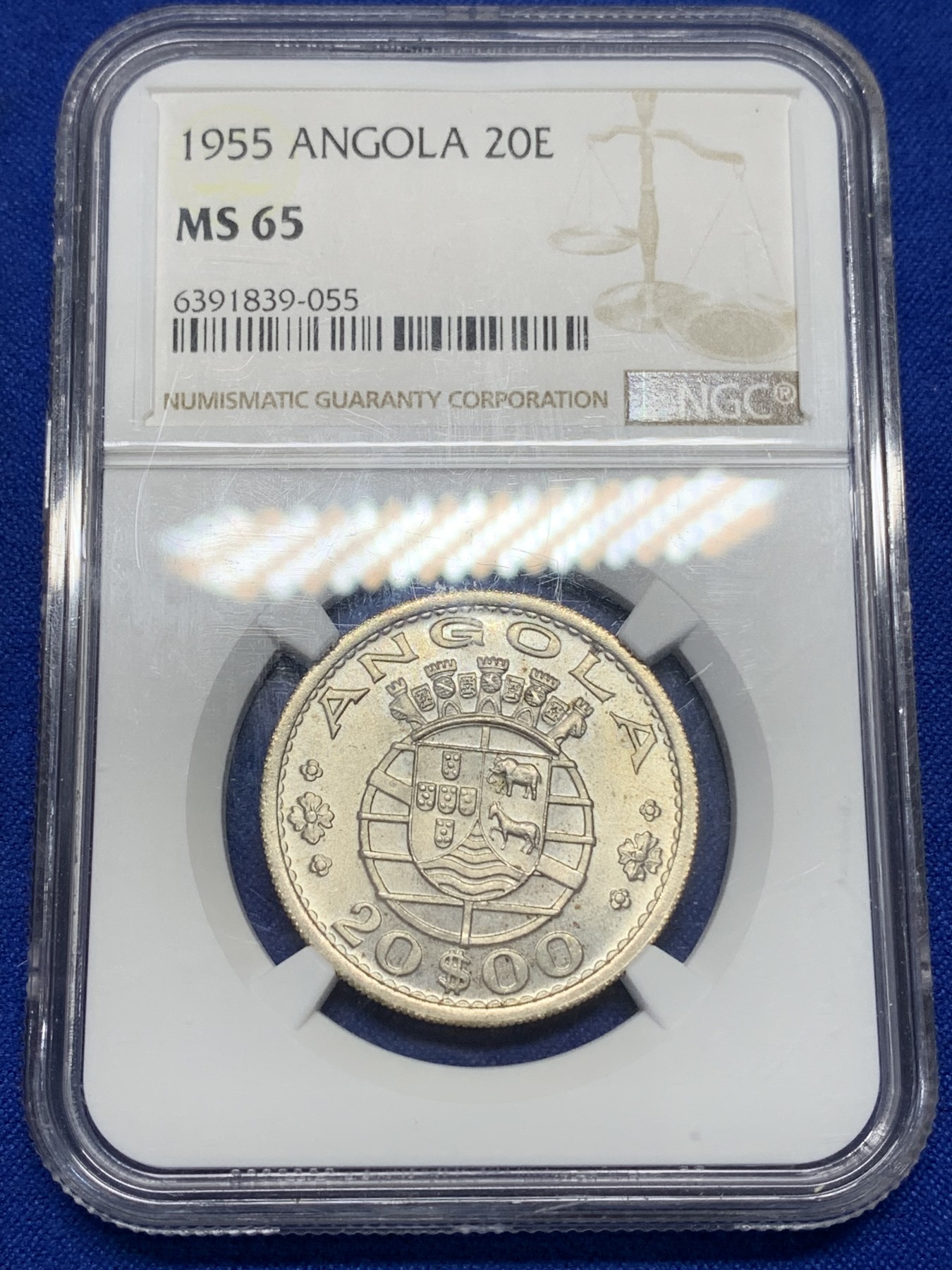 《竞宝斋》第196场-周日，周一 2场 (全场包邮) NGC-MS65 葡属安哥拉 1955年 20埃斯库多 银币 大象和马