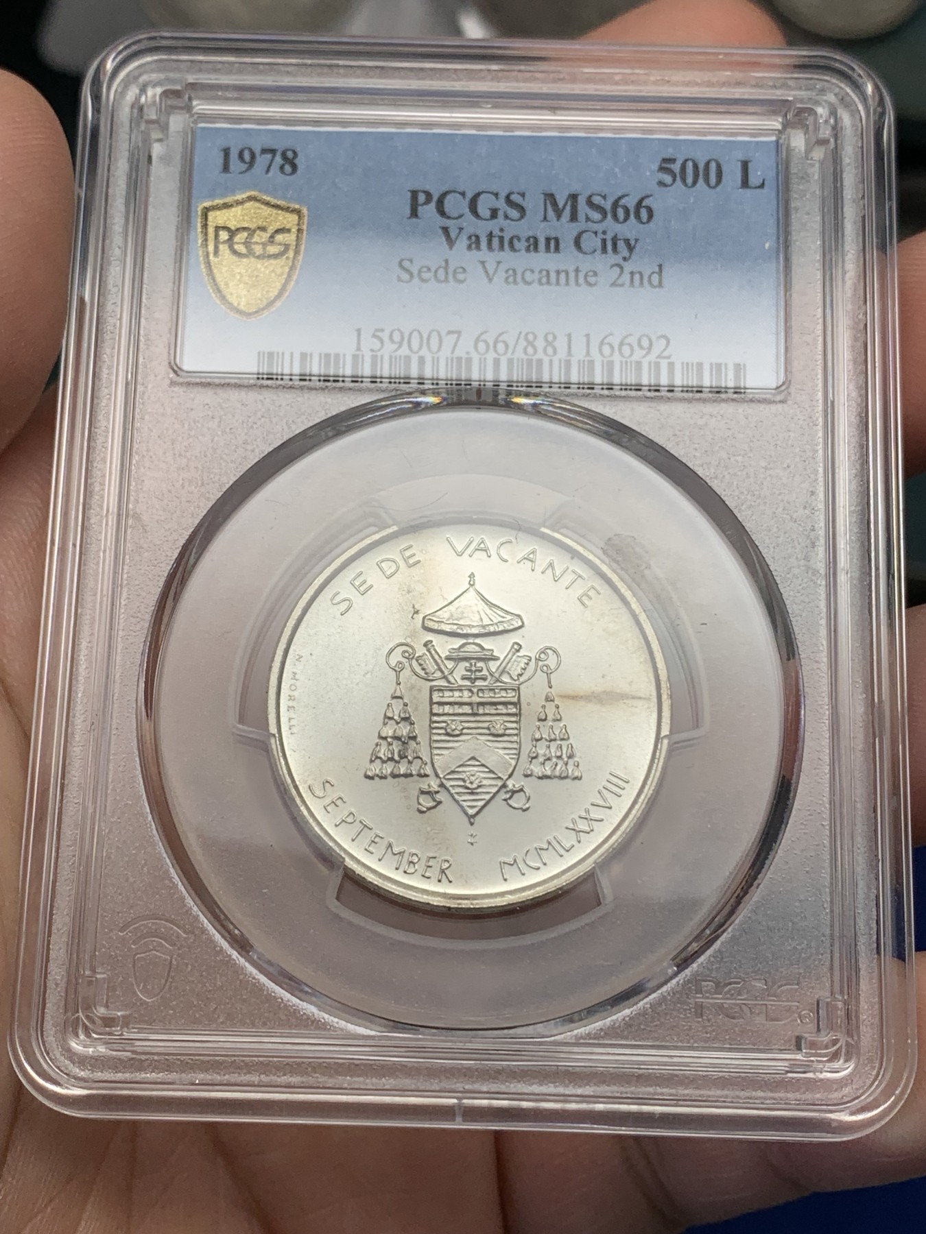 《竞宝斋》第196场-周日，周一 2场 (全场包邮) PCGS金盾 MS66 梵蒂冈1978年教皇缺位500里拉银币