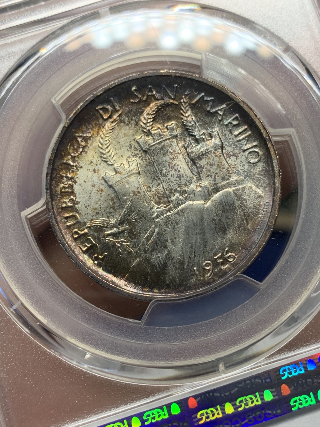 《竞宝斋》第196场-周日，周一 2场 (全场包邮) PCGS-MS66 圣马力诺1976年播种城堡500里拉银币 五彩好品