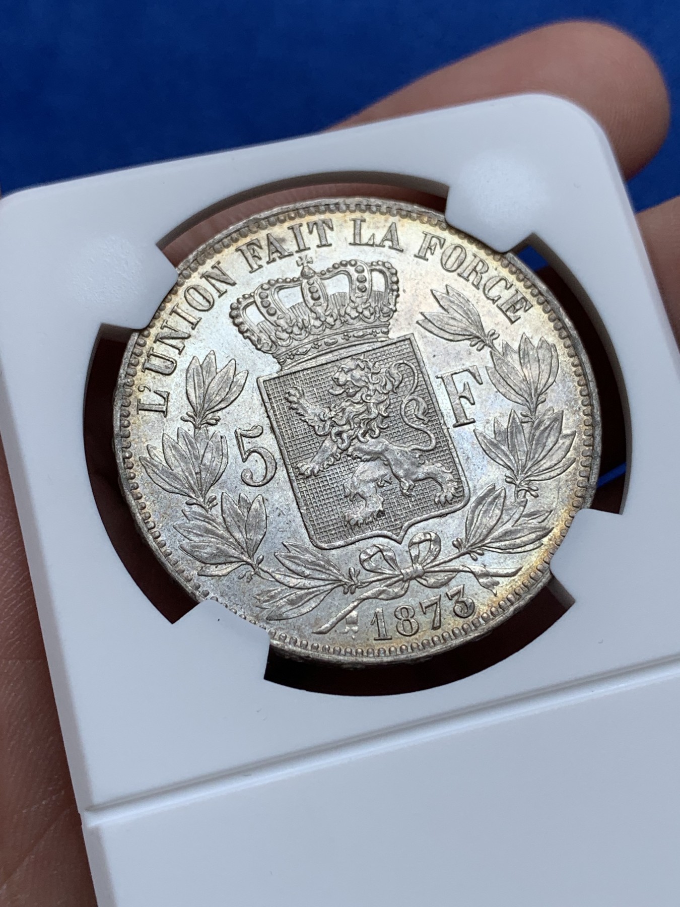 《竞宝斋》第196场-周日，周一 2场 (全场包邮) 比利时 1873年 5法郎 银币 UNC 黄油彩