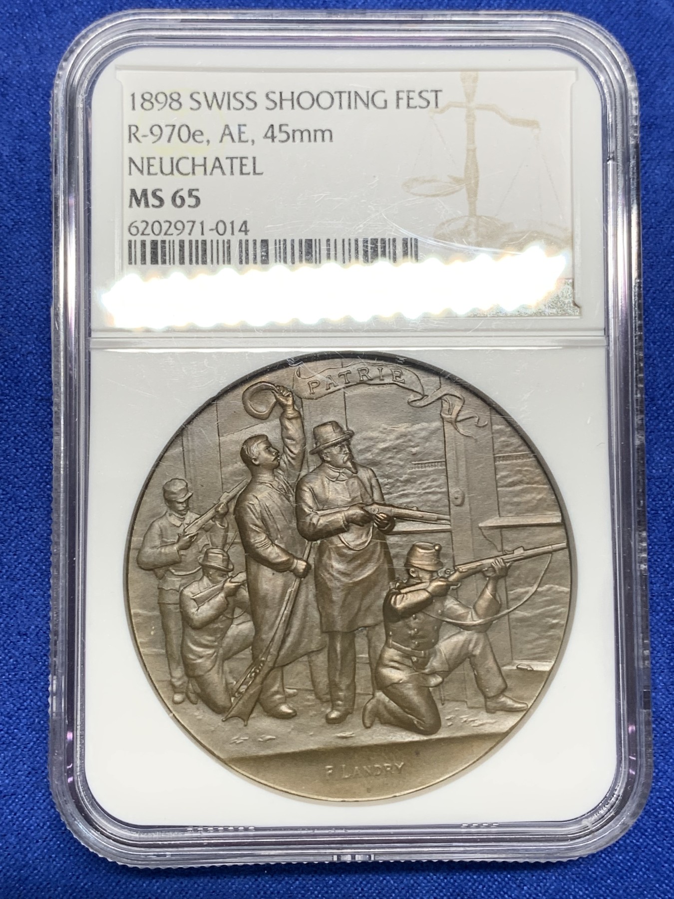 《竞宝斋》第196场-周日，周一 2场 (全场包邮) NGC MS65 瑞士纳沙泰尔射击节铜章 高分难得 加厚盒装