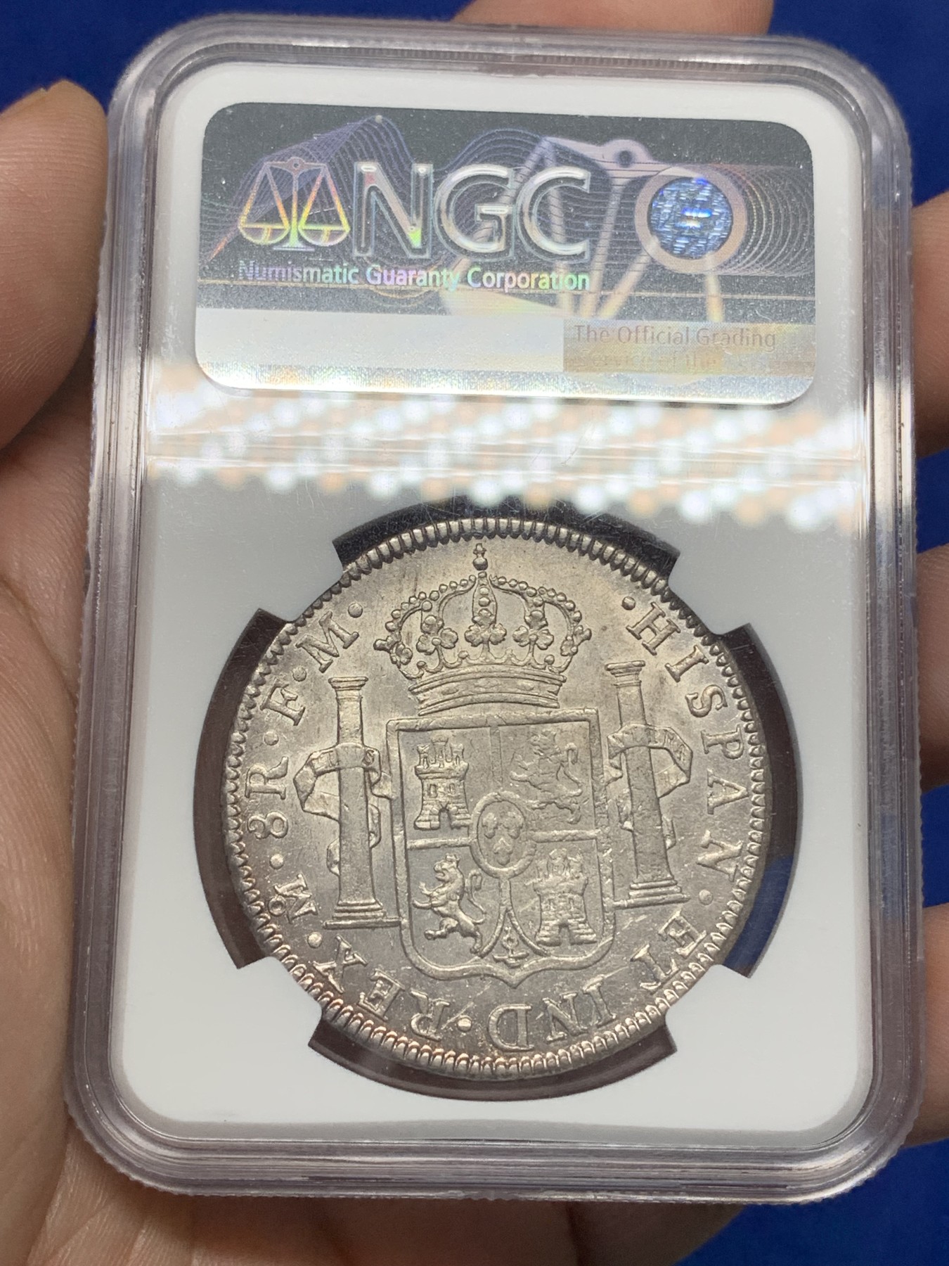 《竞宝斋》第196场-周日，周一 2场 (全场包邮) NGC-AU58 西属墨西哥1796年卡四双柱银币 早期年份打制好的不多见 很漂亮的一枚双柱