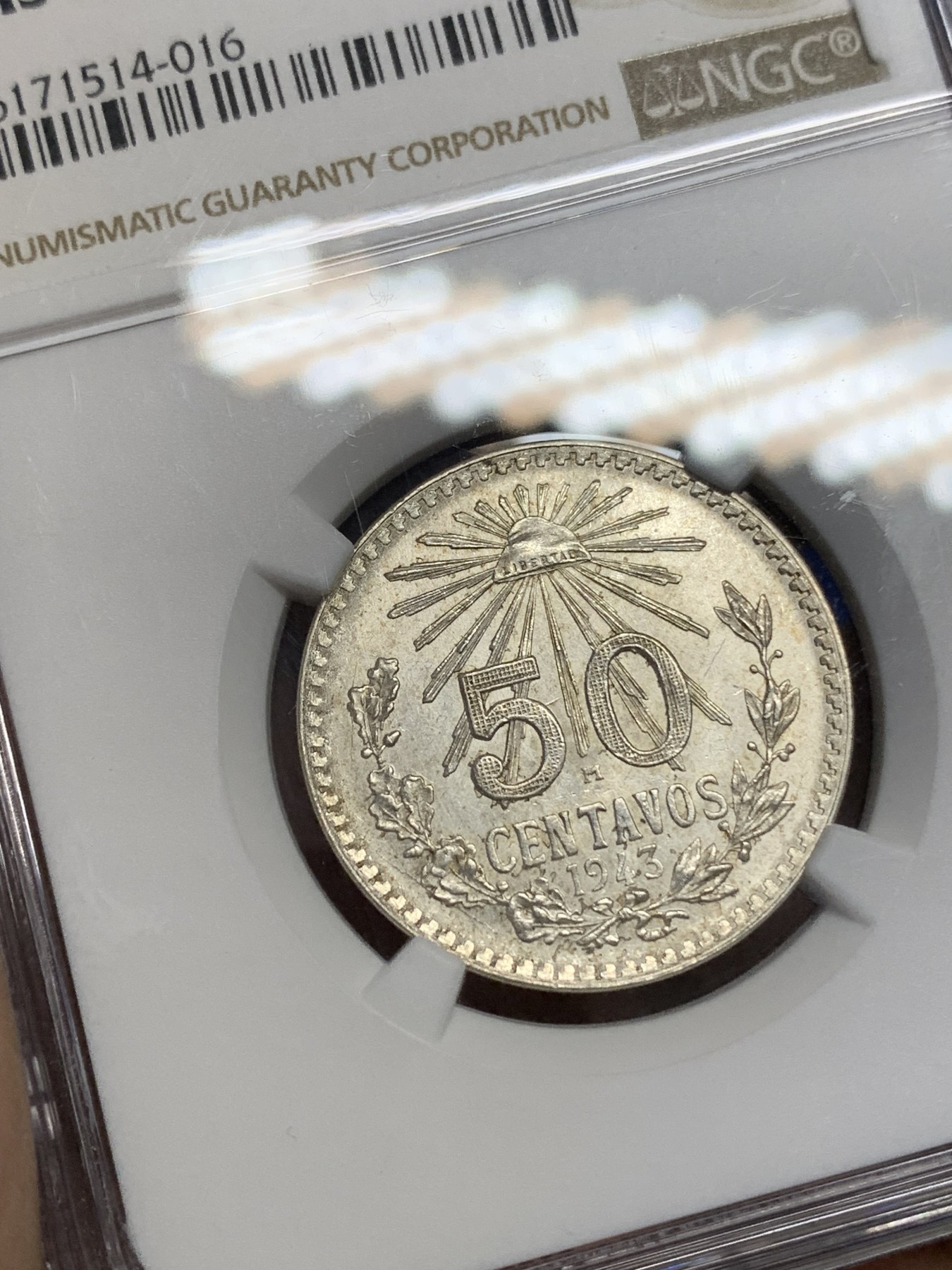 《竞宝斋》第196场-周日，周一 2场 (全场包邮) NGC-MS63 墨西哥 1943年 鹰洋 50分银币