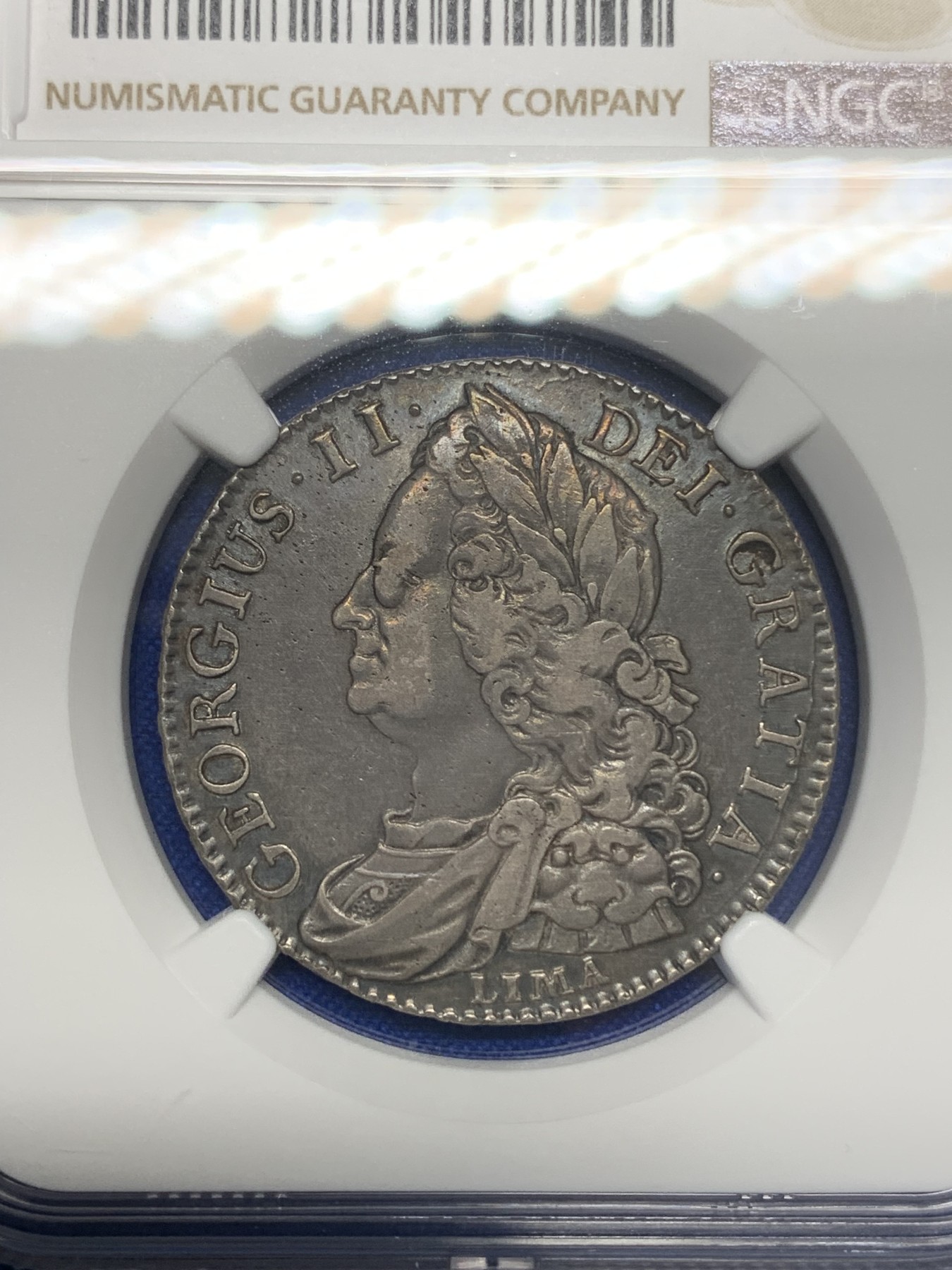 《竞宝斋》第196场-周日，周一 2场 (全场包邮) NGC-VF35 英国1745年乔治二世半克朗银币 LIMA版 原味黑包浆