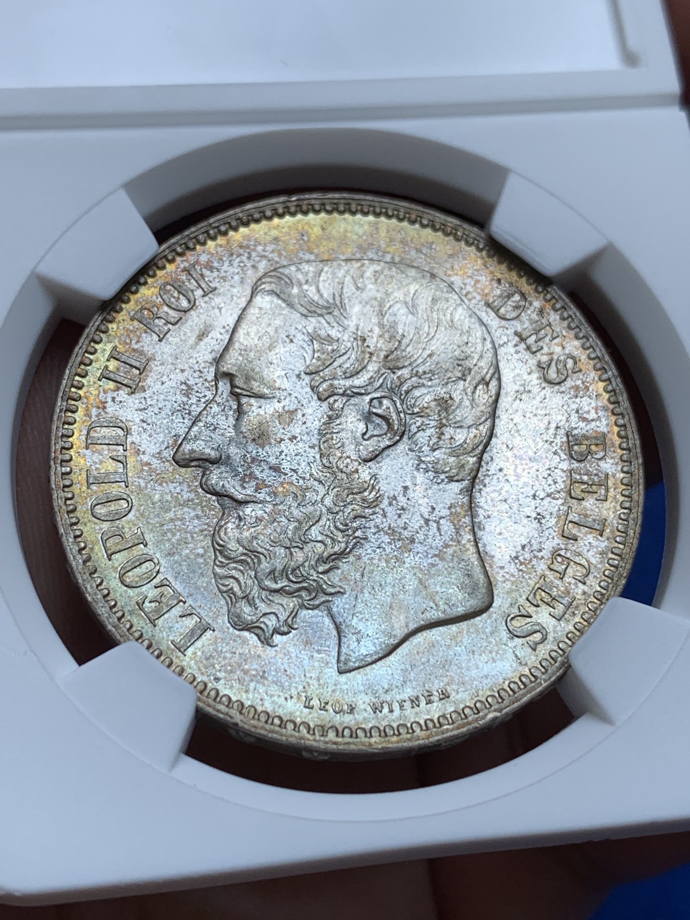 《竞宝斋》第196场-周日，周一 2场 (全场包邮) 比利时 1873年 5法郎 银币 UNC 黄油彩