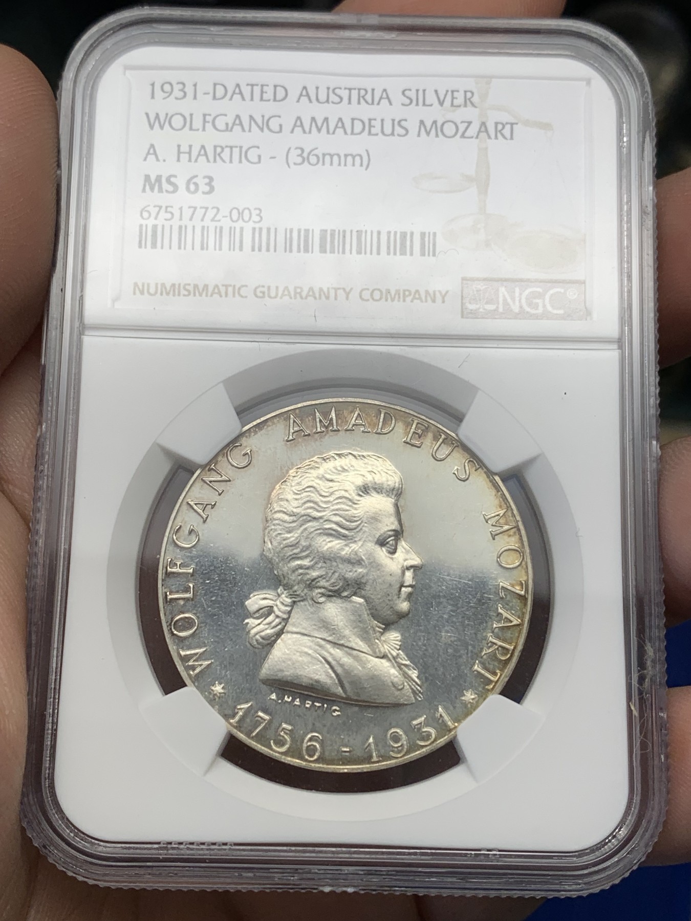 《竞宝斋》第196场-周日，周一 2场 (全场包邮) NGC MS63 奥地利1931莫扎特镜面底板银章