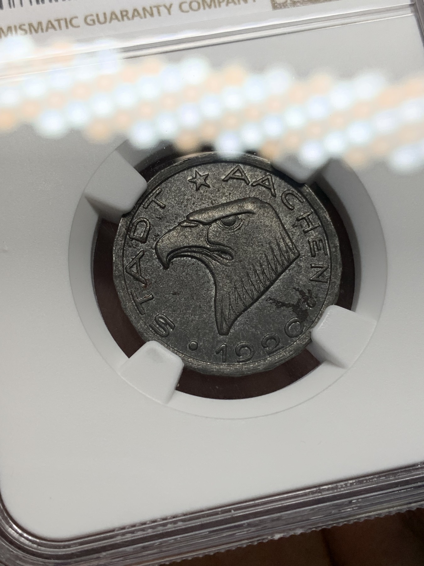 《竞宝斋》第196场-周日，周一 2场 (全场包邮) NGC UNC 德国1920亚琛经典鹰头50p铁币