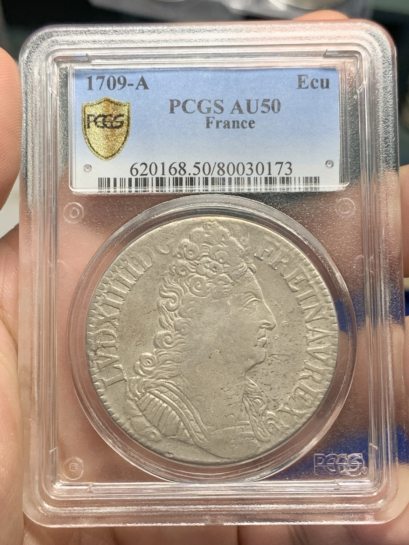 《竞宝斋》第196场-周日，周一 2场 (全场包邮) PCGS AU50 法国 1709年 路易十四 太阳王 埃居大银币 背面三冠 ECU大银币