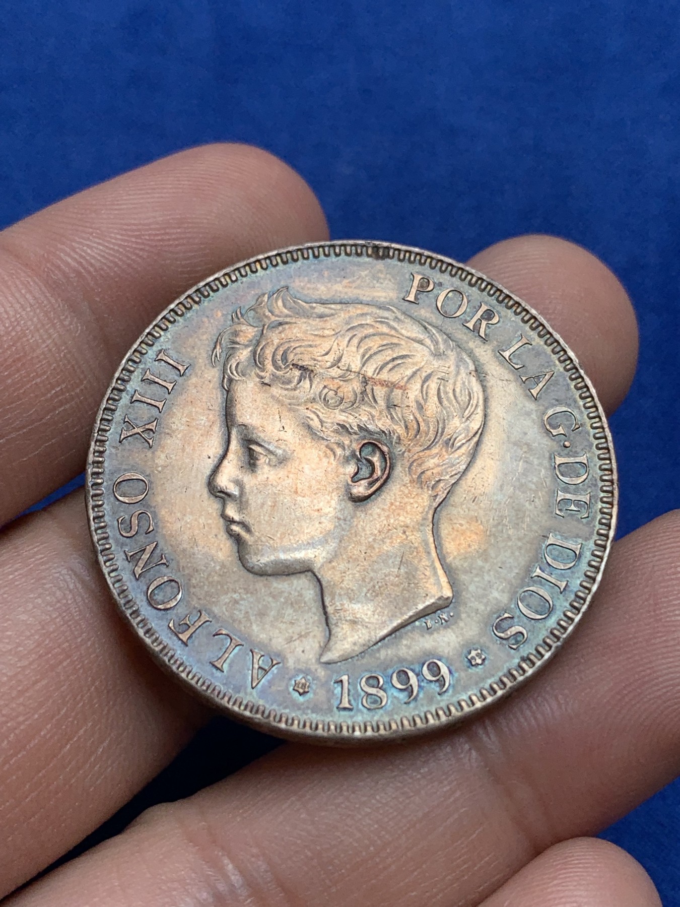 《竞宝斋》第196场-周日，周一 2场 (全场包邮) 1899 阿方索十三世5比塞塔，UNC细节裸币