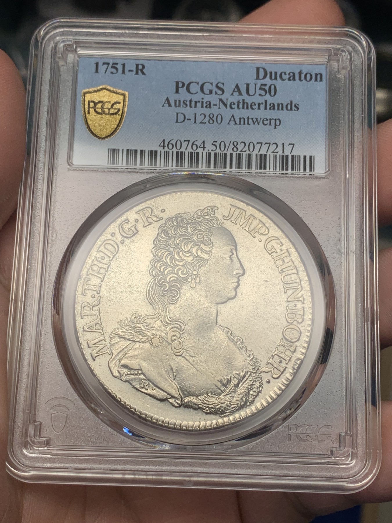 《竞宝斋》第196场-周日，周一 2场 (全场包邮) 唯一冠军 PCGS AU50 1751奥属尼德兰大奶妈杜卡特银币， 比利时安特卫普厂生产，33.2克比普通泰勒重不少