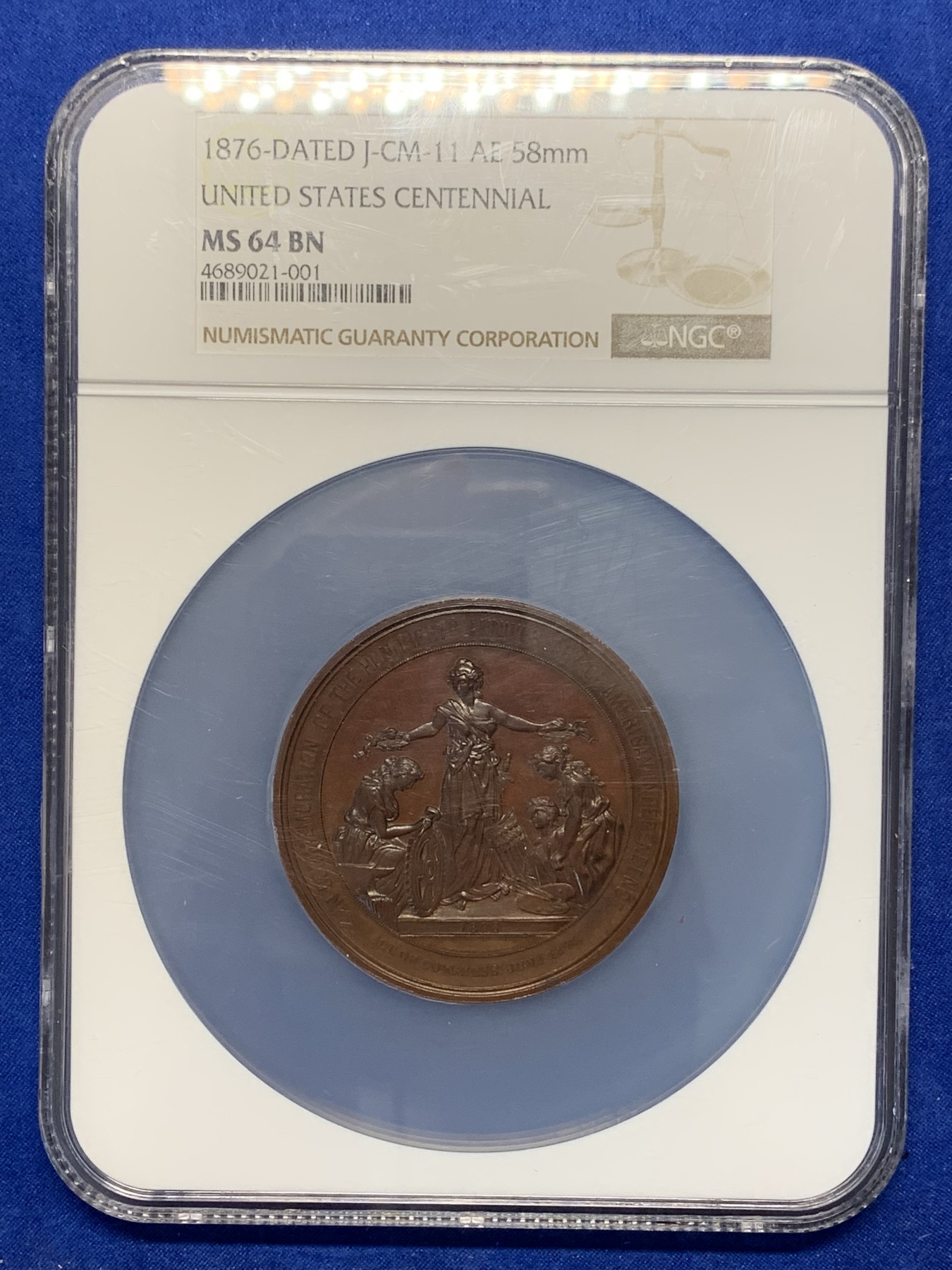 《竞宝斋》第196场-周日，周一 2场 (全场包邮) NGC MS-64 美国1876年建国百年纪念大铜章 58mm