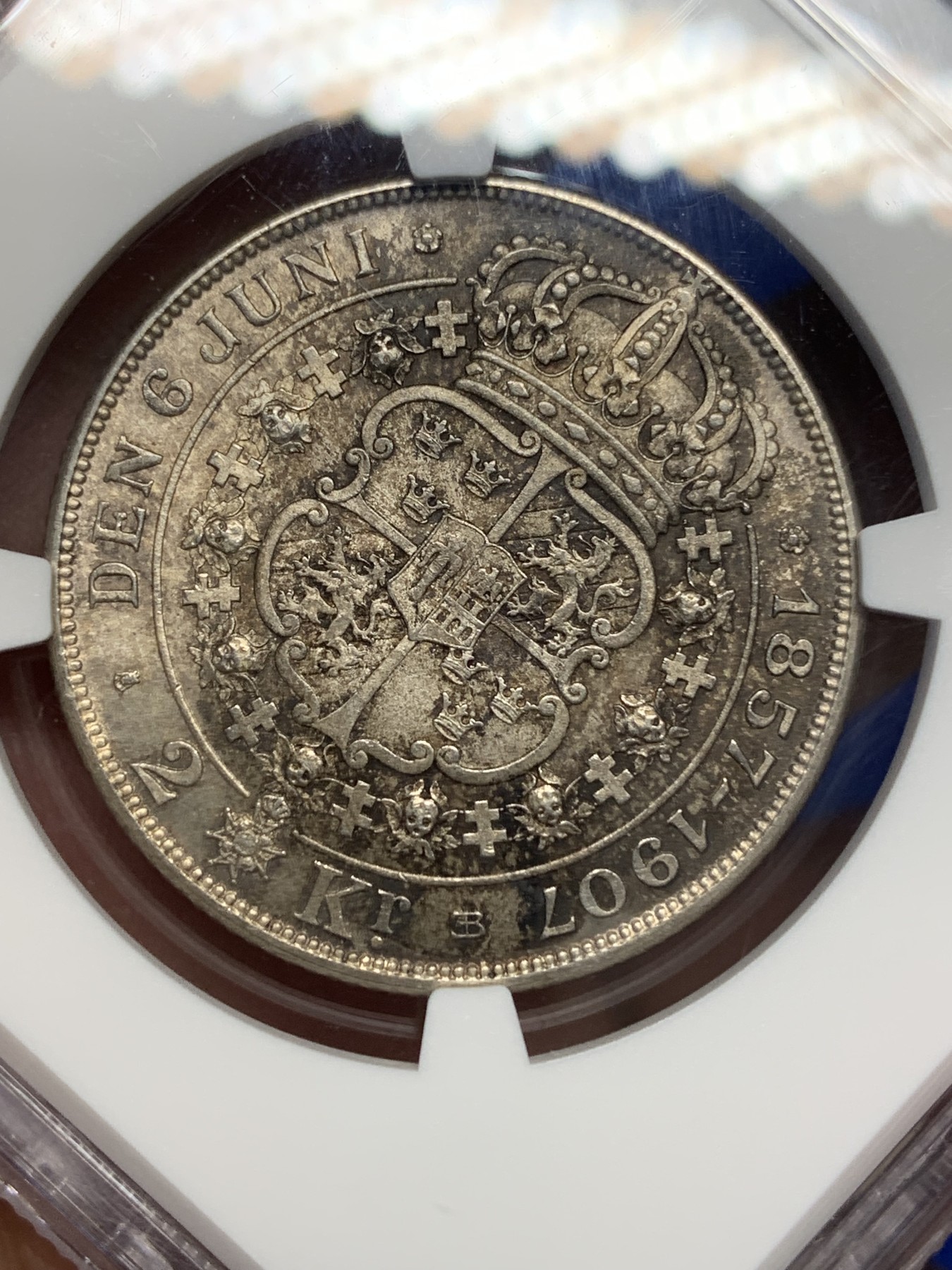 《竞宝斋》第196场-周日，周一 2场 (全场包邮) NGC-MS63 瑞典 1907年 国王金婚 2克朗 银币