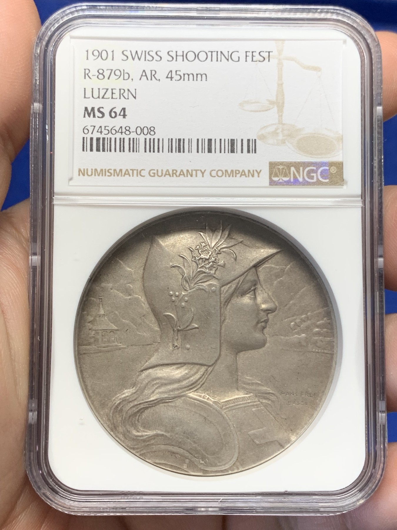 《竞宝斋》第196场-周日，周一 2场 (全场包邮) NGC-MS64 1901年卢塞恩瑞士射击节银章 加厚盒装 品相很好 分数到位 属于瑞士射击节中的精品银章