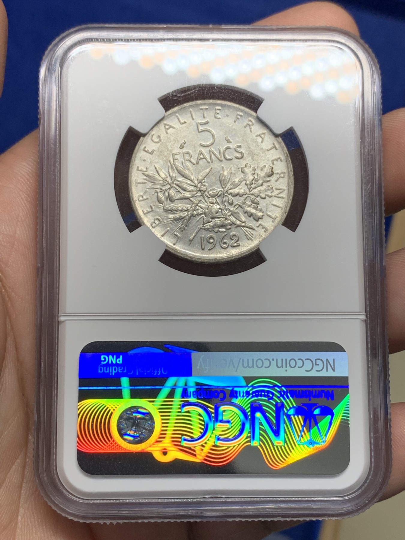 《竞宝斋》第196场-周日，周一 2场 (全场包邮) NGC-MS62 法国 1962年 5法郎 播种女神 银币 品相好 转光