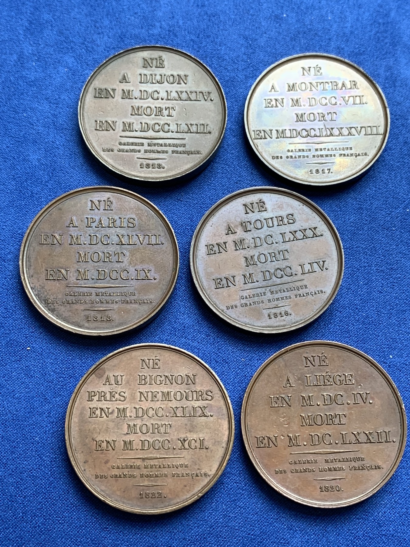 《竞宝斋》第196场-周日，周一 2场 (全场包邮) 6枚一组 1820年代左右法国人物系列铜章  直径41mm，光边原铸，均为高浮雕好品相。