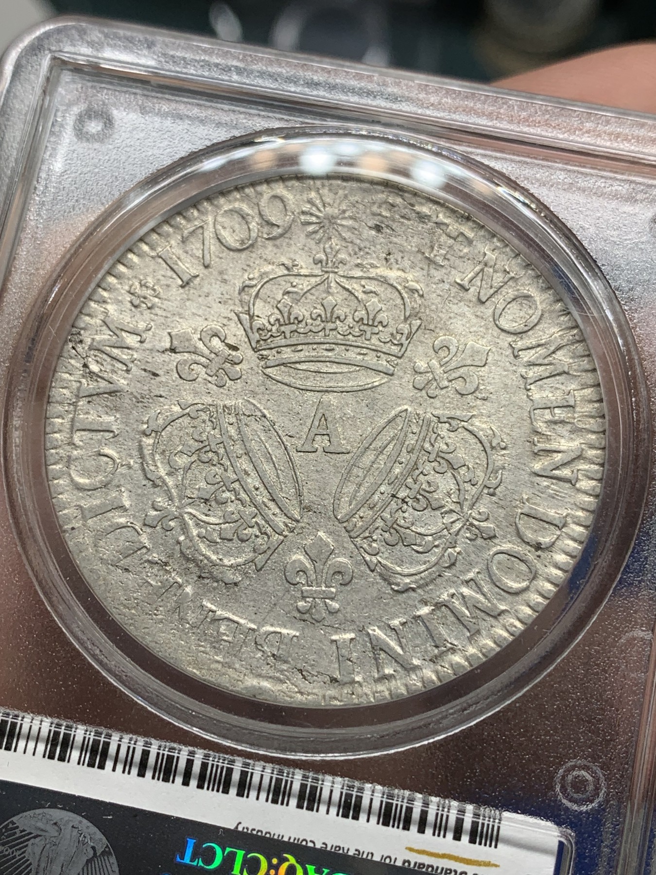 《竞宝斋》第196场-周日，周一 2场 (全场包邮) PCGS AU50 法国 1709年 路易十四 太阳王 埃居大银币 背面三冠 ECU大银币