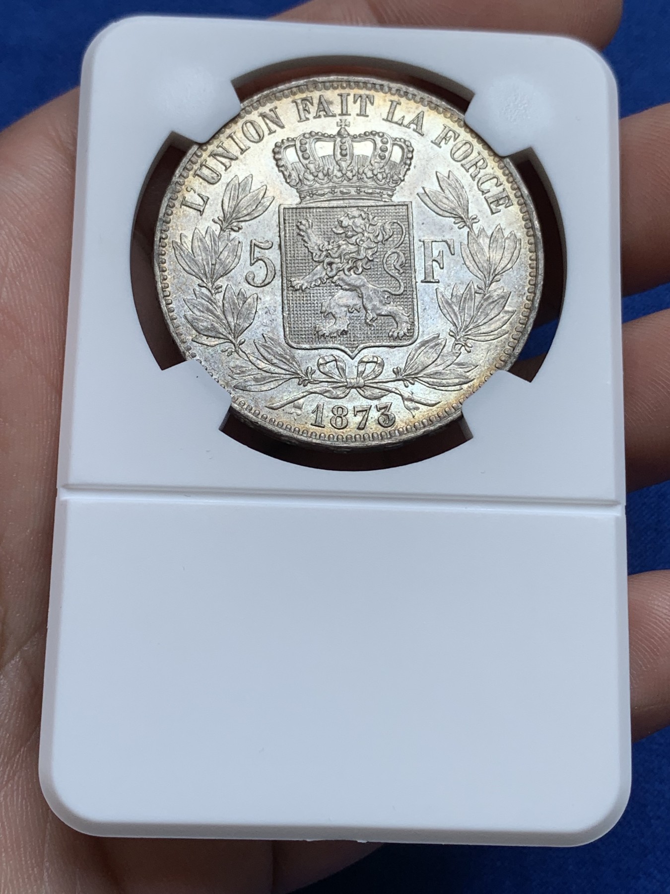 《竞宝斋》第196场-周日，周一 2场 (全场包邮) 比利时 1873年 5法郎 银币 UNC 黄油彩