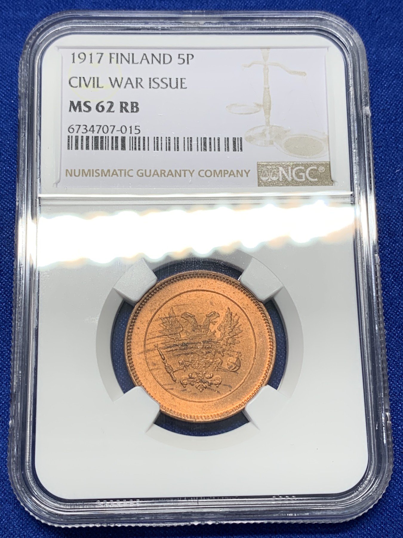 《竞宝斋》第196场-周日，周一 2场 (全场包邮) NGC MS62RB 俄占芬兰1917年克伦斯基临时政府5盆尼铜币