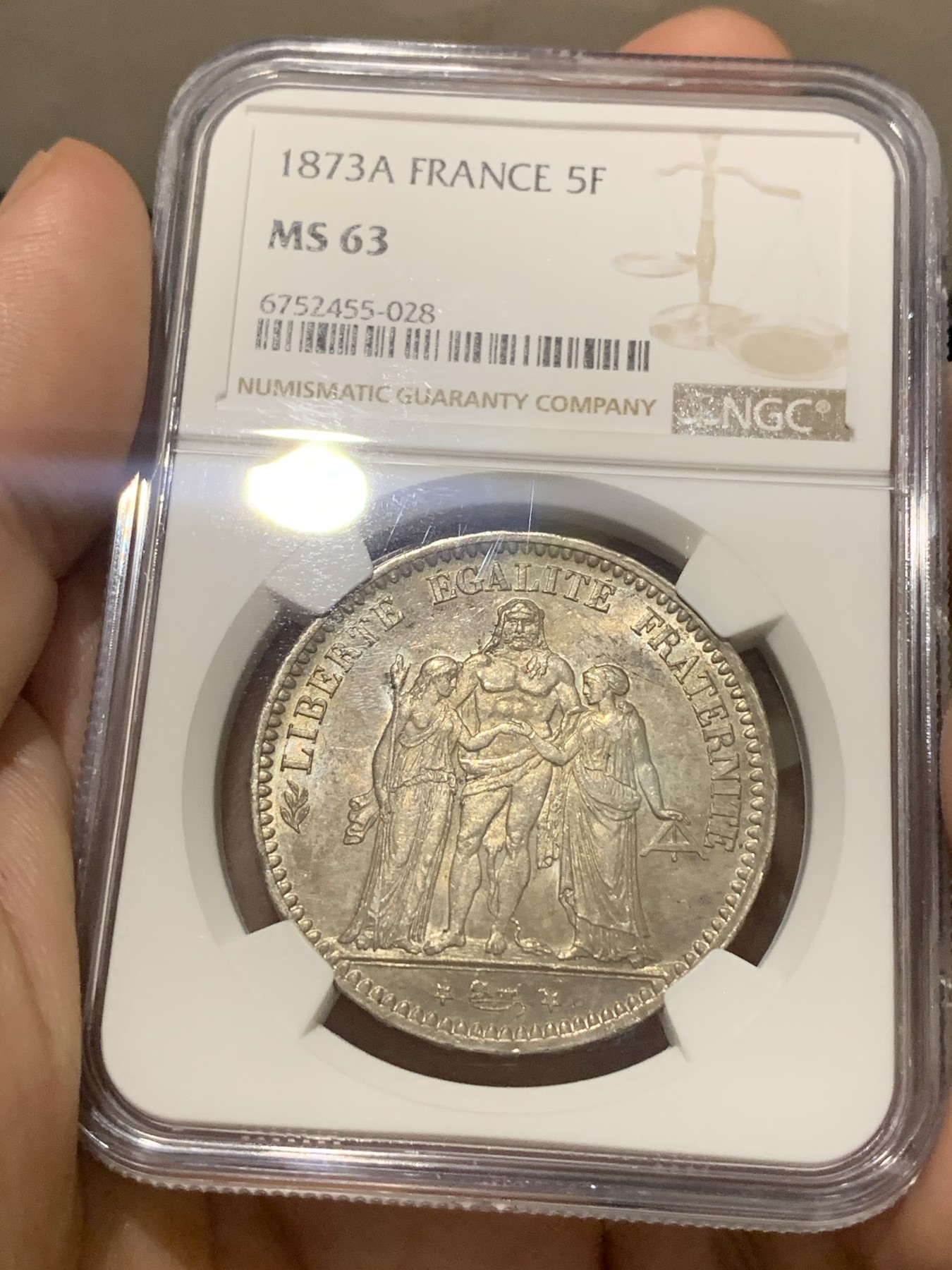 《竞宝斋》第196场-周日，周一 2场 (全场包邮) NGC-MS63 法国1873年大力神5法郎银币 原味深彩