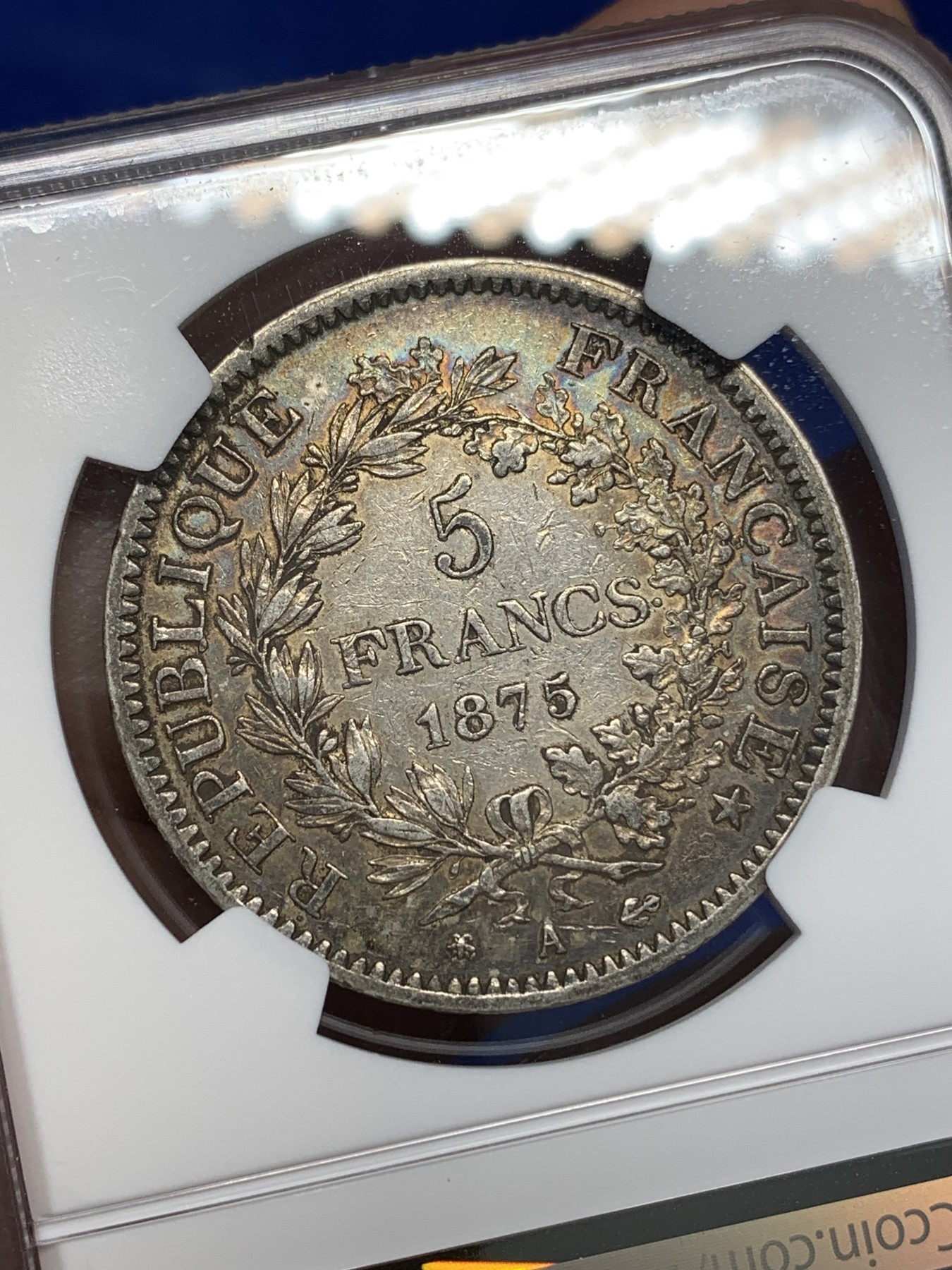 《竞宝斋》第196场-周日，周一 2场 (全场包邮) NGC AUD 法国1875年大力神5法郎银币 小A版 铸造量是1873年的1/10