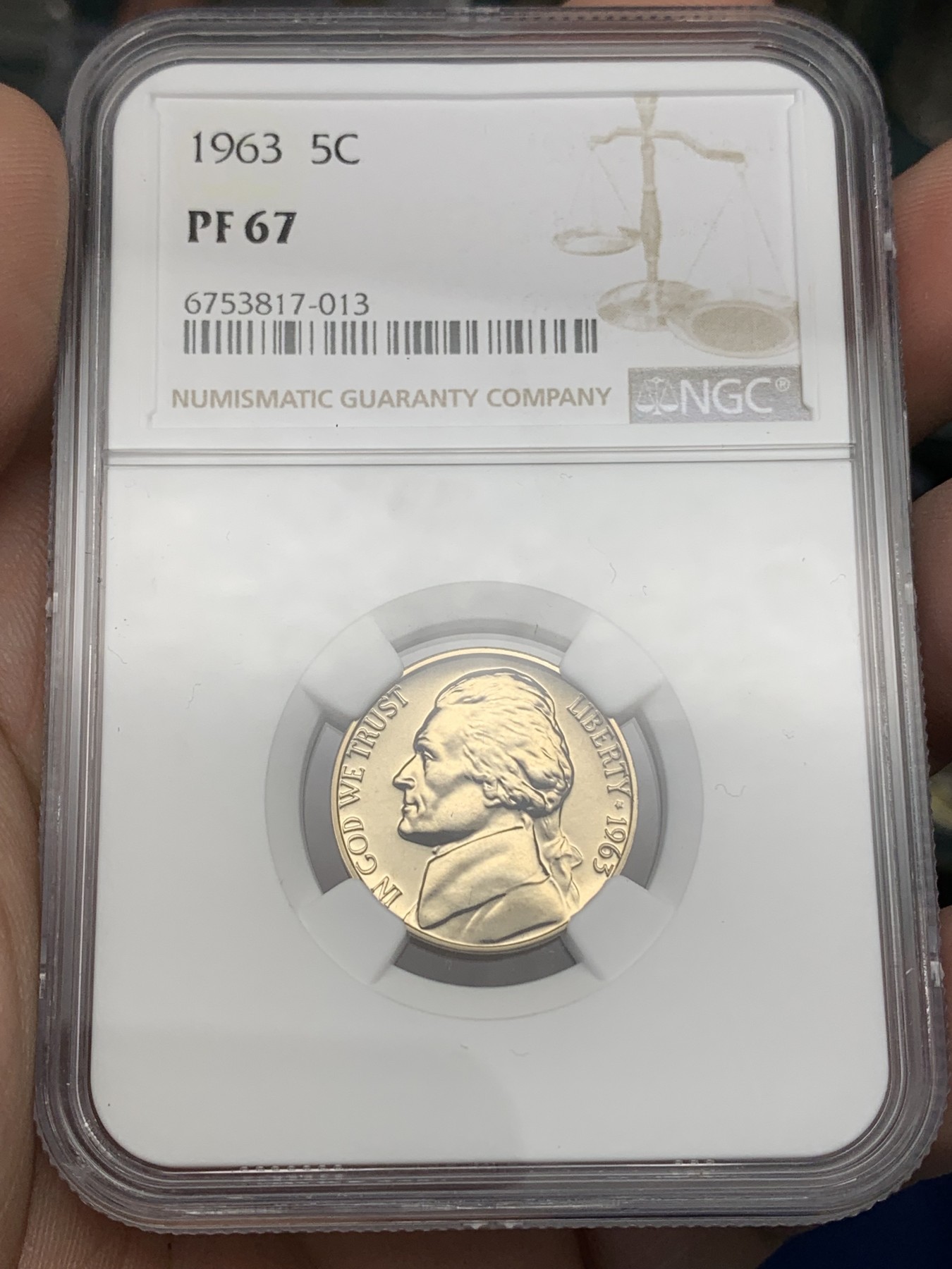 《竞宝斋》第196场-周日，周一 2场 (全场包邮) NGC-PF67 1963年美国杰斐逊5分  少见早期精制版本  67分超高分