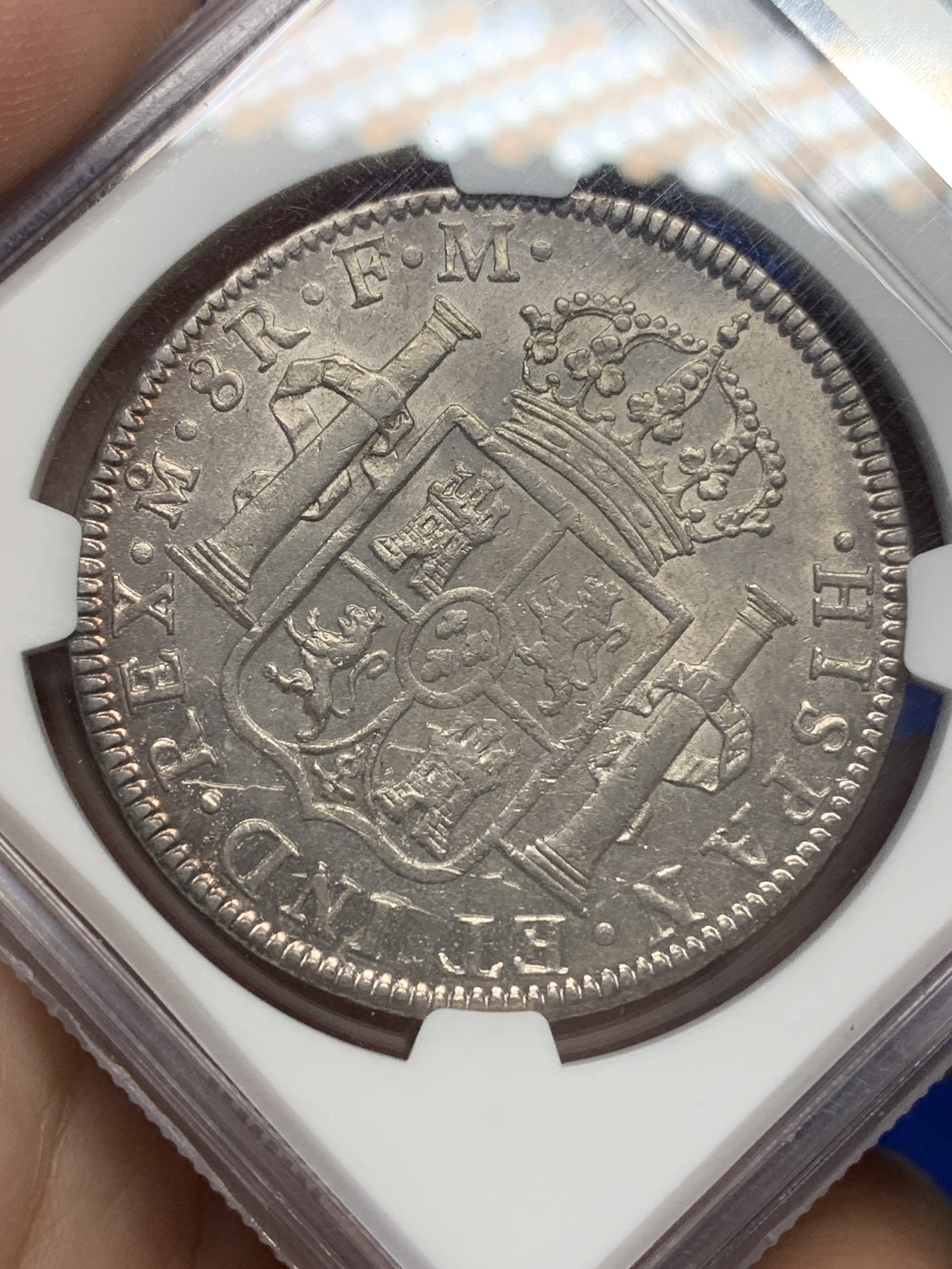 《竞宝斋》第196场-周日，周一 2场 (全场包邮) NGC-AU58 西属墨西哥1796年卡四双柱银币 早期年份打制好的不多见 很漂亮的一枚双柱