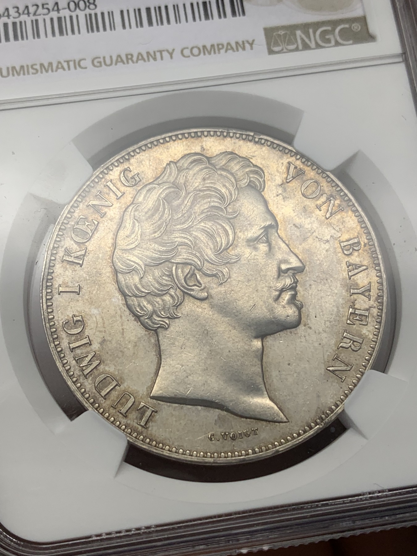 《竞宝斋》第196场-周日，周一 2场 (全场包邮) NGC MS61 德国 1838年 巴伐利亚议会 同盟 2泰勒大银币 37克 早期大银币 细节好 包浆带PL底板