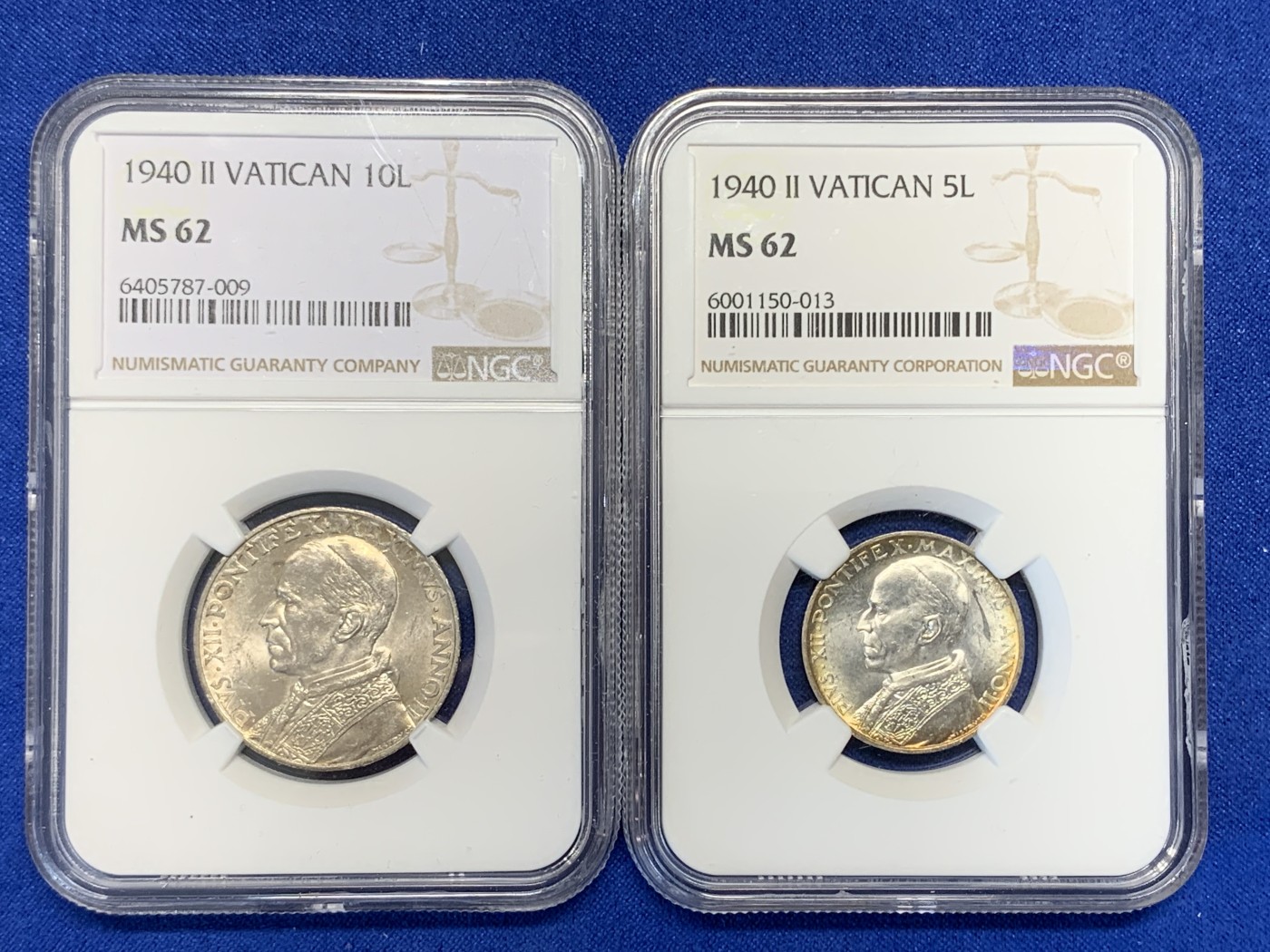 《竞宝斋》第196场-周日，周一 2场 (全场包邮) 2枚一组 NGC MS62 梵蒂冈1940年5、10里拉银币一对，月牙彩包浆，非常漂亮，十分难得