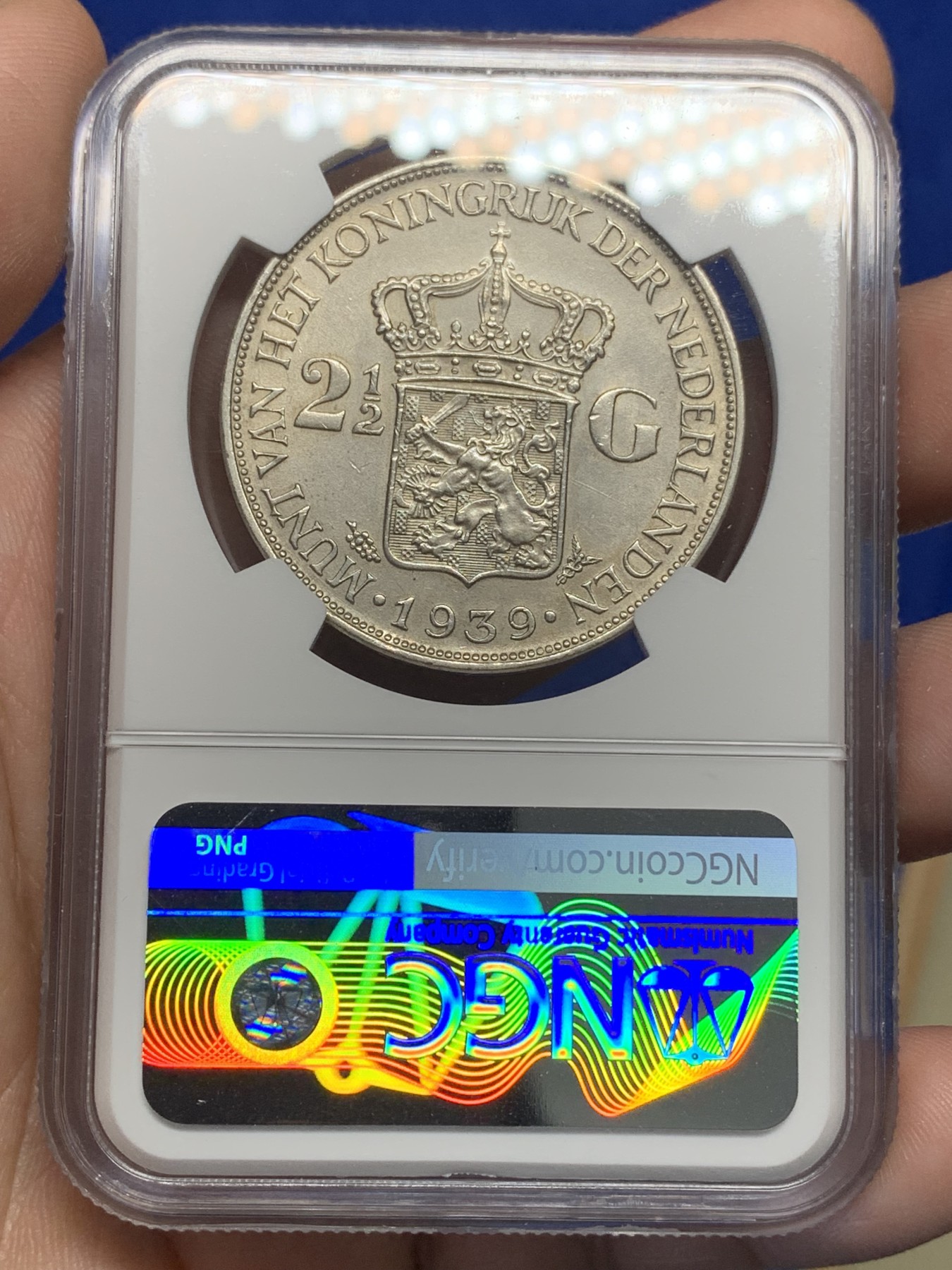 《竞宝斋》第196场-周日，周一 2场 (全场包邮) NGC-AUD 荷兰1939年 女王威廉米娜2.5盾 大银币