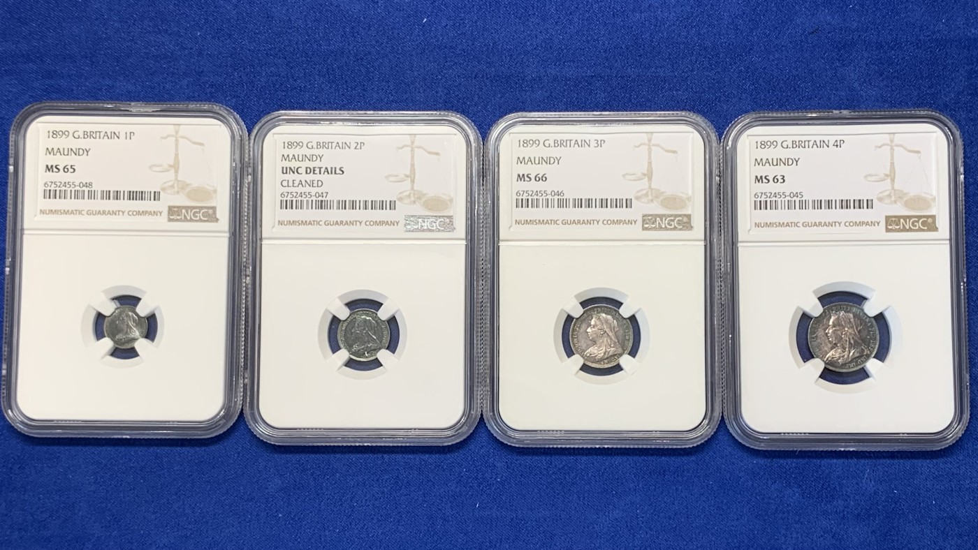 《竞宝斋》第196场-周日，周一 2场 (全场包邮) 4枚一组 NGC 92-66 英国1899年维多利亚濯足币1-4便士套币 原盒套拆 统一蓝紫包浆