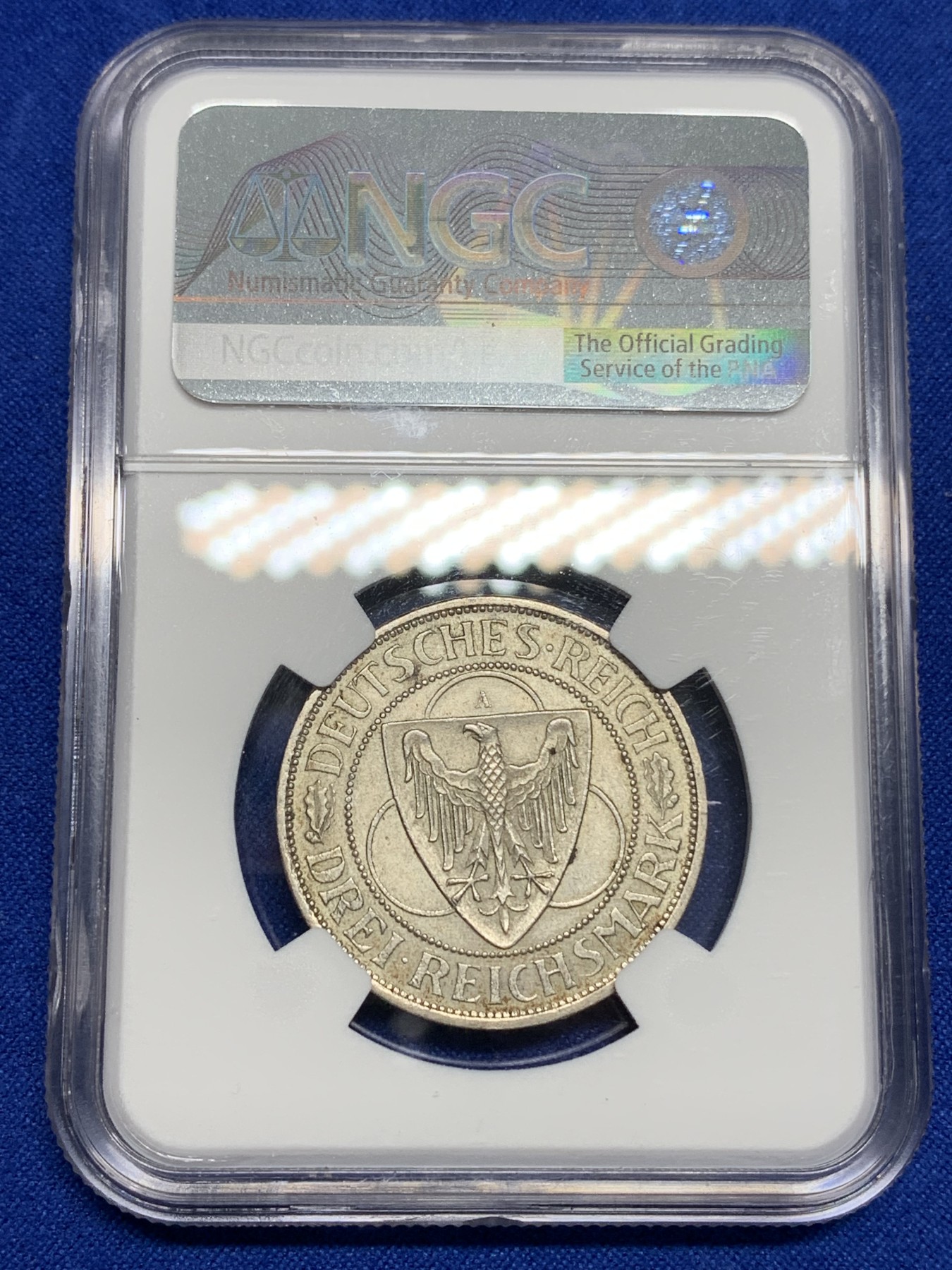 《竞宝斋》第196场-周日，周一 2场 (全场包邮) NGC UNC 1930年德国莱因兰鹰桥3马克银币