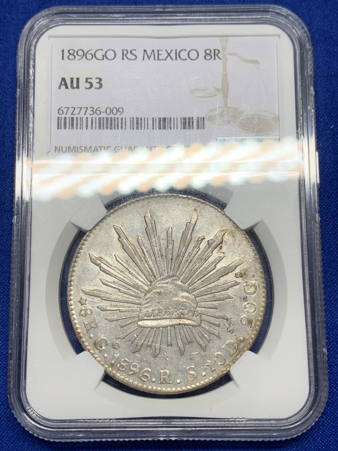 《竞宝斋》第196场-周日，周一 2场 (全场包邮) NGC-AU 53 墨西哥1896 GO RS鹰洋 8瑞尔银币  深打 状态好