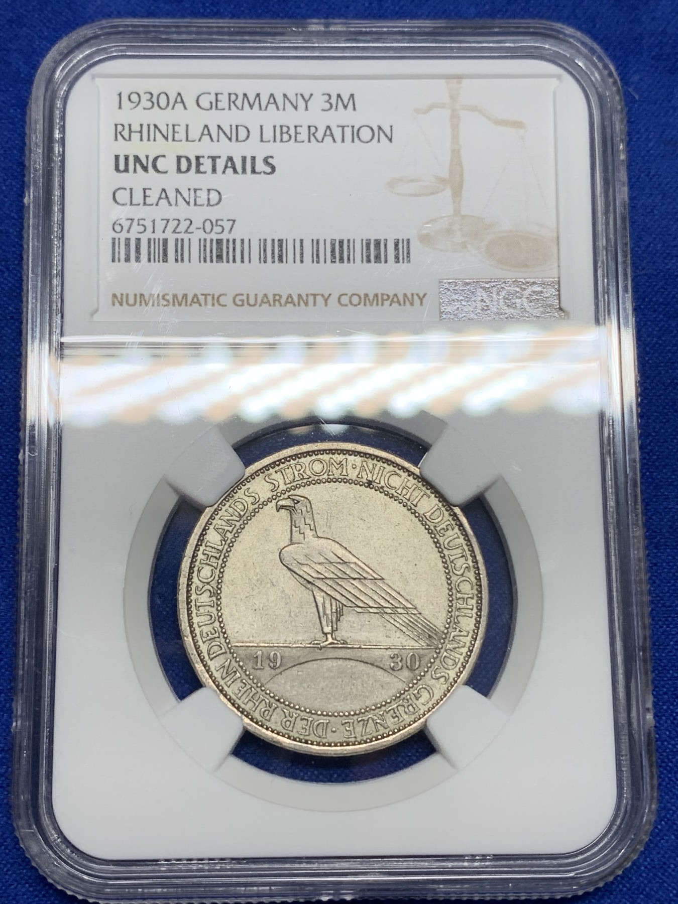 《竞宝斋》第196场-周日，周一 2场 (全场包邮) NGC UNC 1930年德国莱因兰鹰桥3马克银币