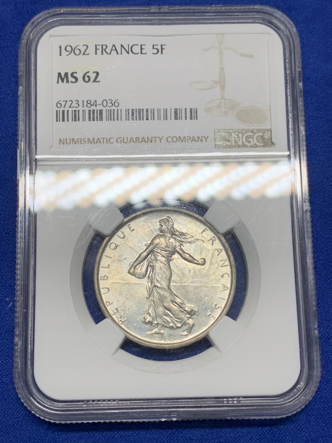 《竞宝斋》第196场-周日，周一 2场 (全场包邮) NGC-MS62 法国 1962年 5法郎 播种女神 银币 品相好 转光