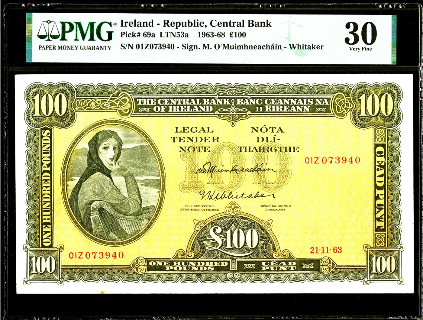 【Blue Auction】✨世界纸币精拍第370期——莫总专场XXIX 【01Z冠 a版仅7个记录 首年更是少见】爱尔兰 1963年100镑 拉弗雷夫人 河神 超大票幅 PMG30   